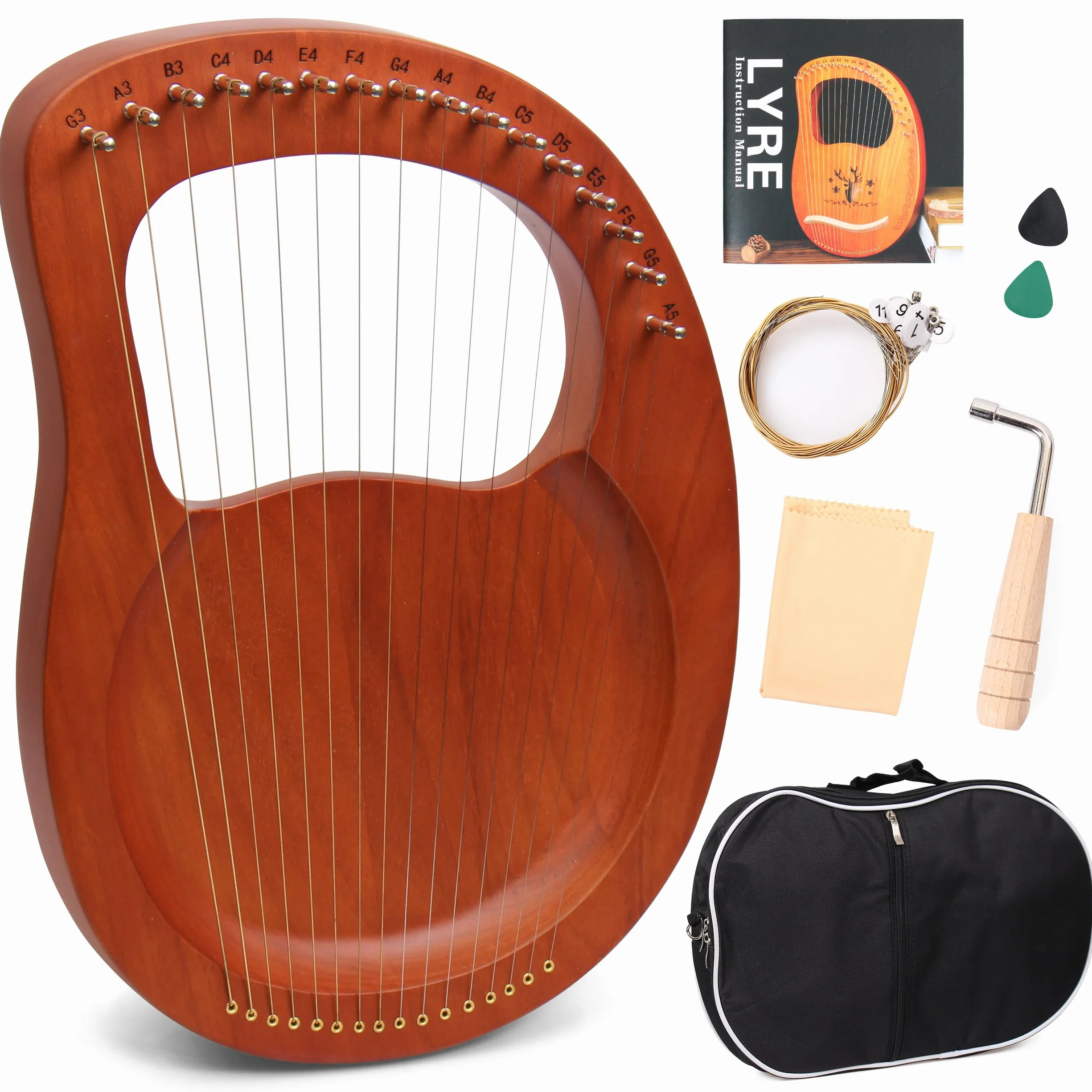 Little Lyre Harpe 16 cordes en acajou avec cordes en métal Style antique avec clé d'accordage et sac de transport Marron