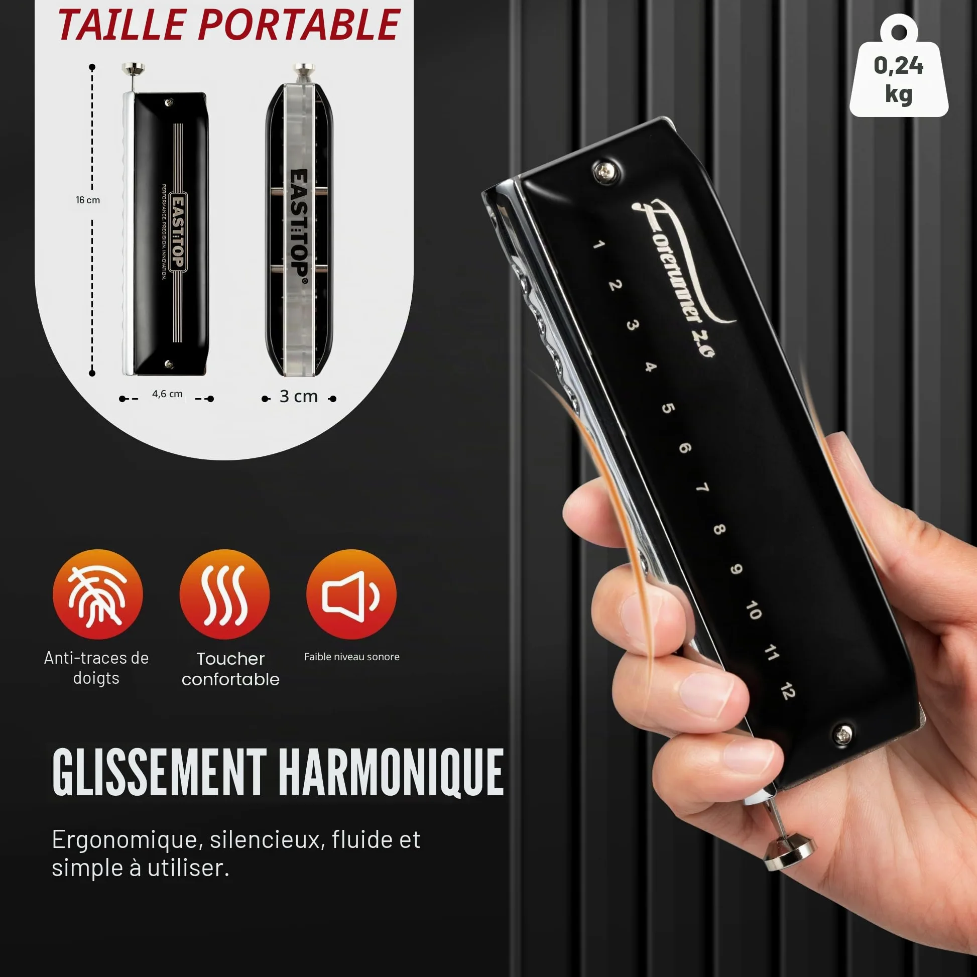 EAST TOP Forerunner 2.0 Sans Valves Harmonica chromatique à 12 trous 48 tons touche en C pour adultes, débutants et étudiants