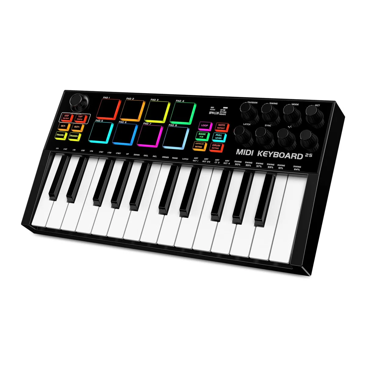 TERENCE Clavier MIDI de 25 Touches Professionnel MIDI Keyboard Contrôleur 500 mAh 8 Pads RGB Bouton Rotatif à 360° Sans Fin 8 Boutons Assignables Écran OLED Compatible avec Plusieurs DAW et Appareils