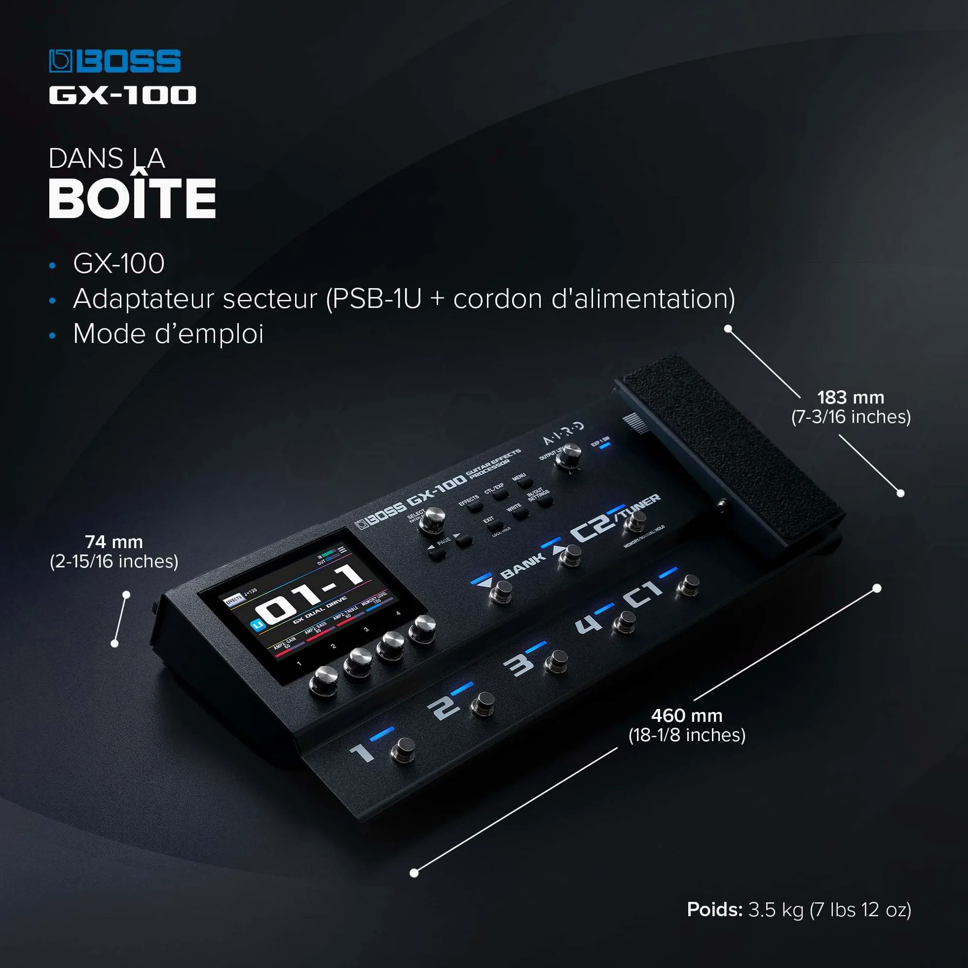 BOSS GX-100 | Processeur d'effets évolué pour guitare | Sons authentiques d'amplis à lampes grâce à la technologie AIRD | 32 types d'ampli et plus de 170 effets BOSS