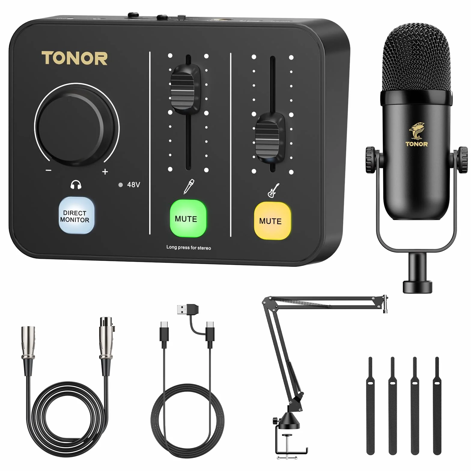 TONOR Ensemble D'équipements de Podcast, Mixeur Audio avec Micro Dynamique ou Perche, Microphone XLR avec Interface Audio de Studio, Pack tout-en-un pour Podcasting, Streaming, Enregistrement POD-1