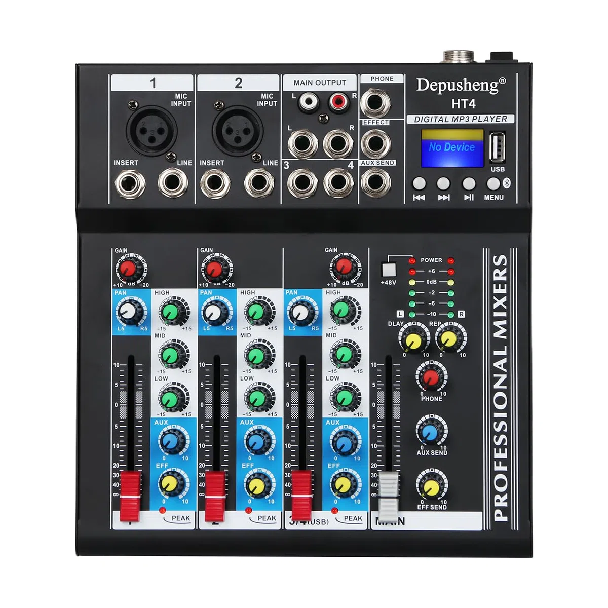 Depusheng HT4 Professional 4 canaux USB Jack mélangeur audio portable Bluetooth Live Studio Audio DJ Console de mixage sonore pour l'enregistrement sur ordinateur, bandes