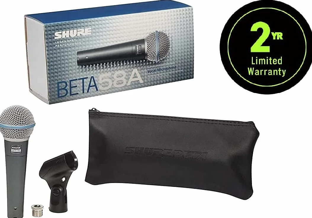 Shure Beta 58A Microphone Vocal - Micro Dynamique Supercardioïde à Un Élément pour la Scène et Le Studio, avec Adaptateur de Pied Réglable A25D, Adaptateur de Filetage de 5/8" à 3/8" (Euro)