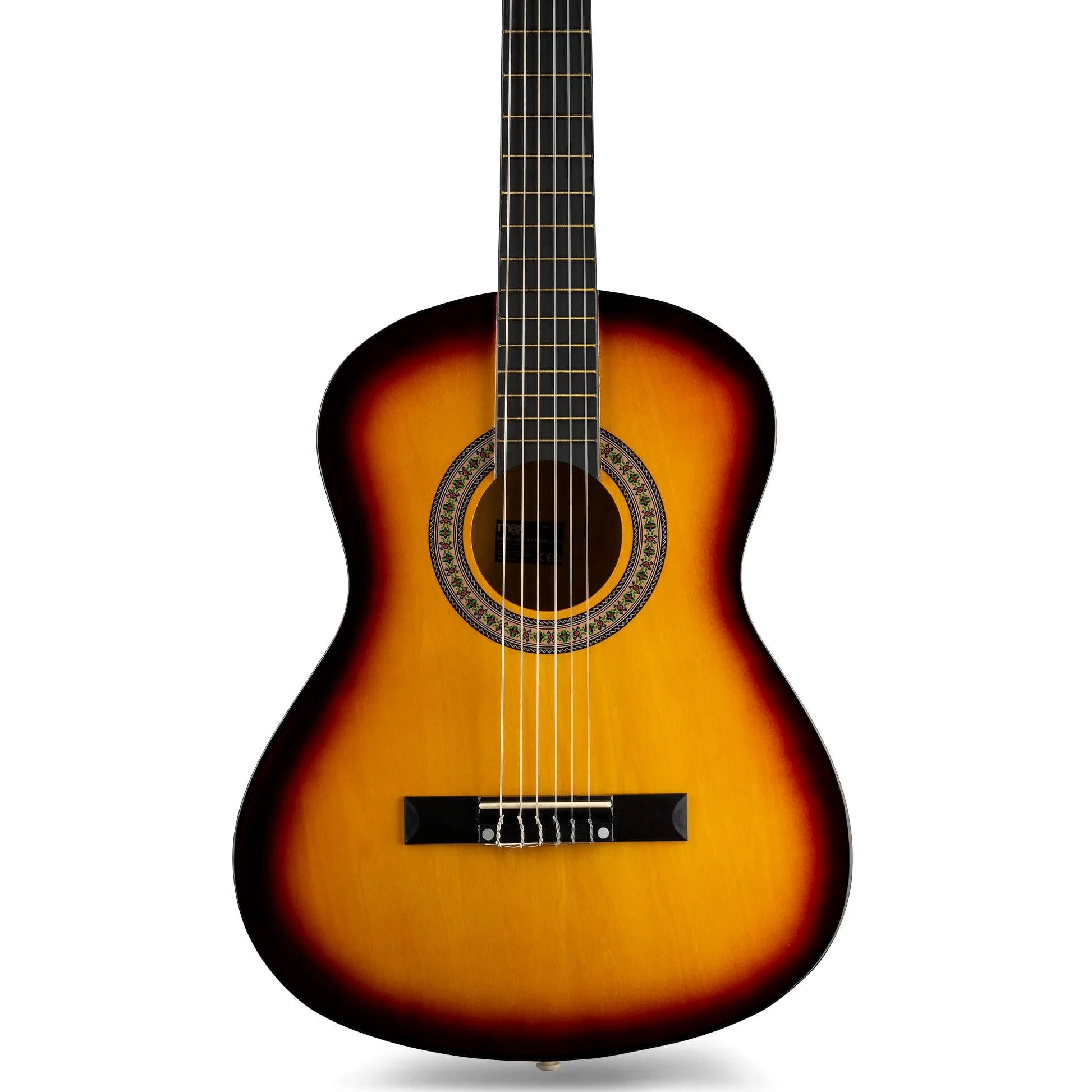 Max SoloArt Pack Guitare Classique Junior 3/4 - Sunburst, Cordes en Nylon, 8 à 12 ans, Sac de Transport, Médiators, Sangle, Support Guitare, un Cadeau pour Enfants Idéal pour Débuter la Guitare