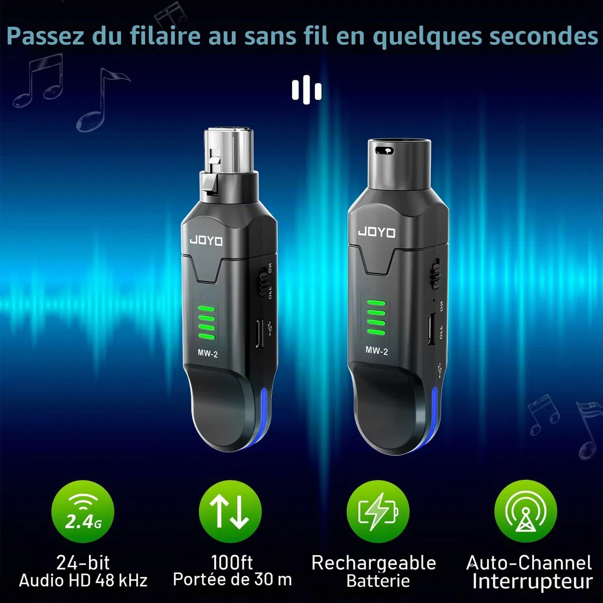 JOYO Système Micro sans Fil 2.4GHz 4 Canaux - Émetteur/Récepteur XLR pour Micro Dynamique/Phantom, Adaptateur pour Sono, Mixer Audio, Église, Studio (MW-2)
