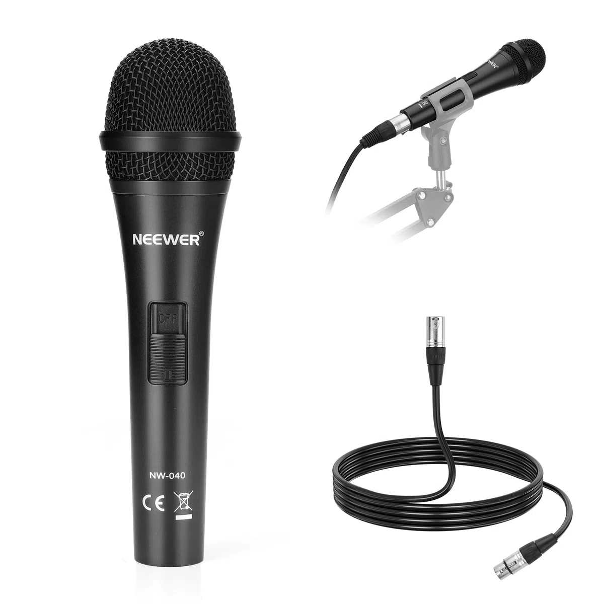 NEEWER Microphone Dynamique Cardioïde avec Câble Mâle XLR à Femelle XLR, Construction Métallique Rigide pour Pickup Professionnel d'Instruments de Musique, Voix, Radiodiffusion, Discours, Noir(NW-040)