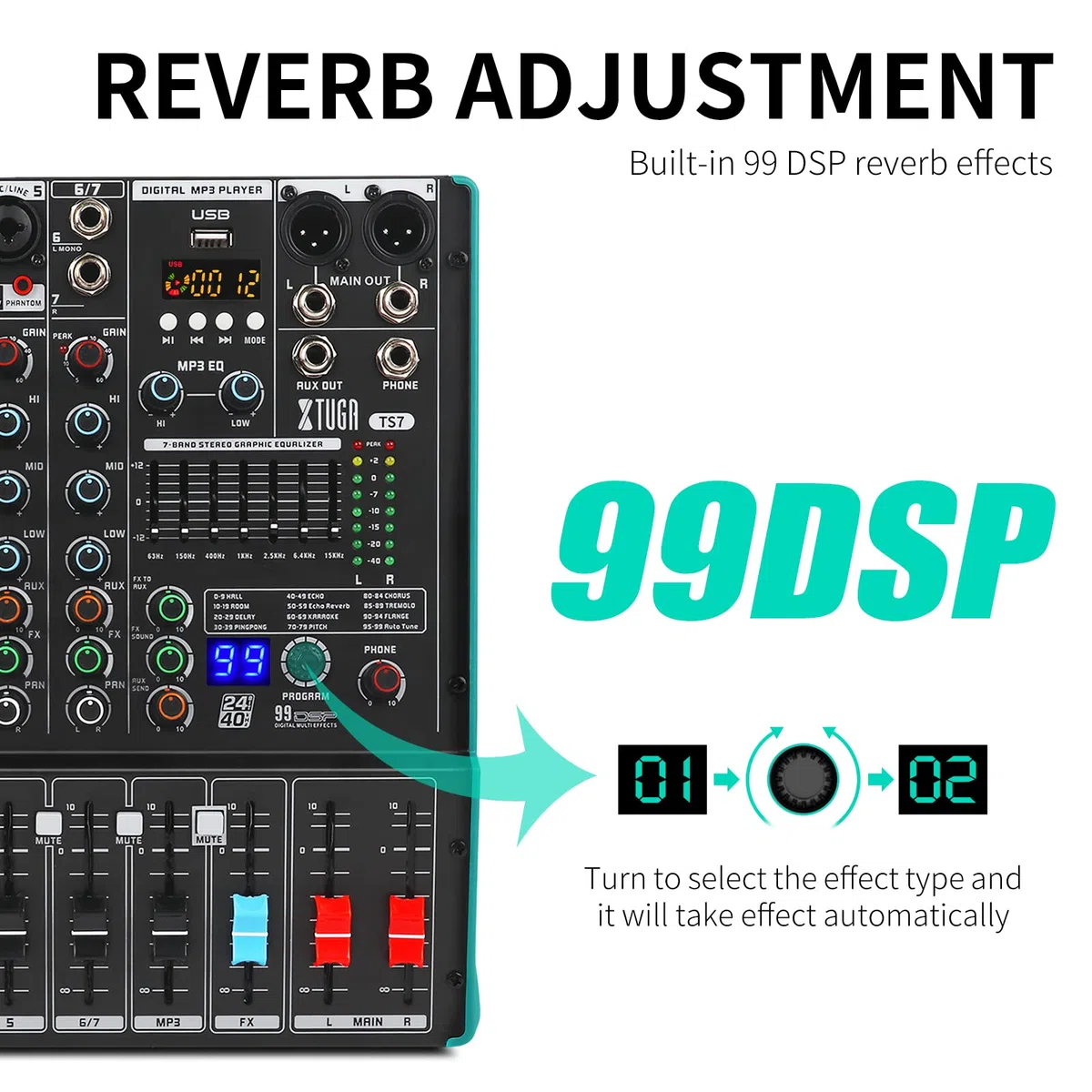 XTUGA Table de Mixage Mixeur Audio 7 Pistes, 99 Effets DSP, Alimentation Fantôme 48V Indépendante et Bouton Mute, Bluetooth, Interface USB d'enregistrement Pour Studio DJ Scène (TS7)