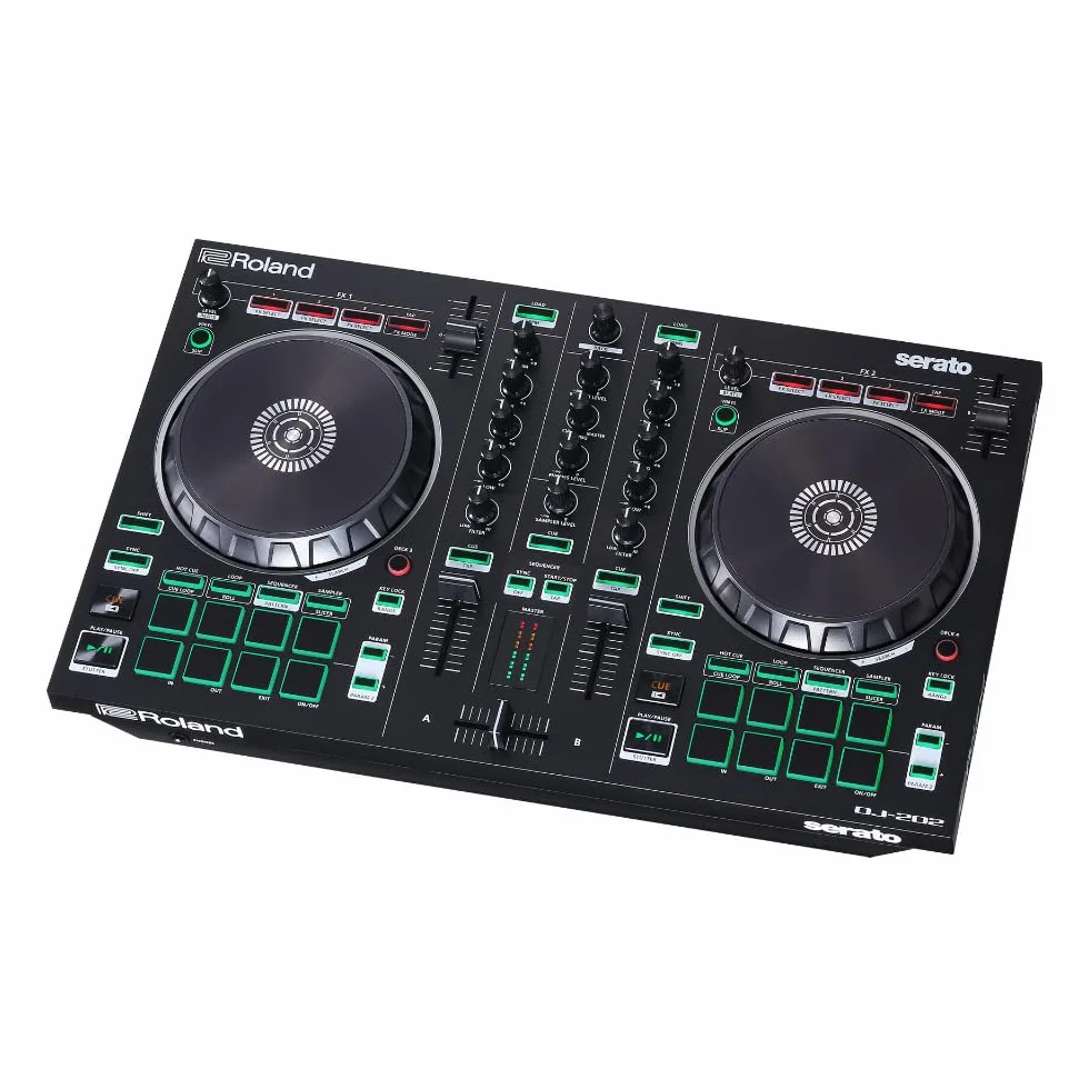 Roland DJ-202 | Contrôleur DJ compact | Contrôleur à 2 canaux et 4 decks pour Serato DJ Lite | De larges platines à faible latence | Les sons de batterie iconiques Roland | Compatible avec Spotify