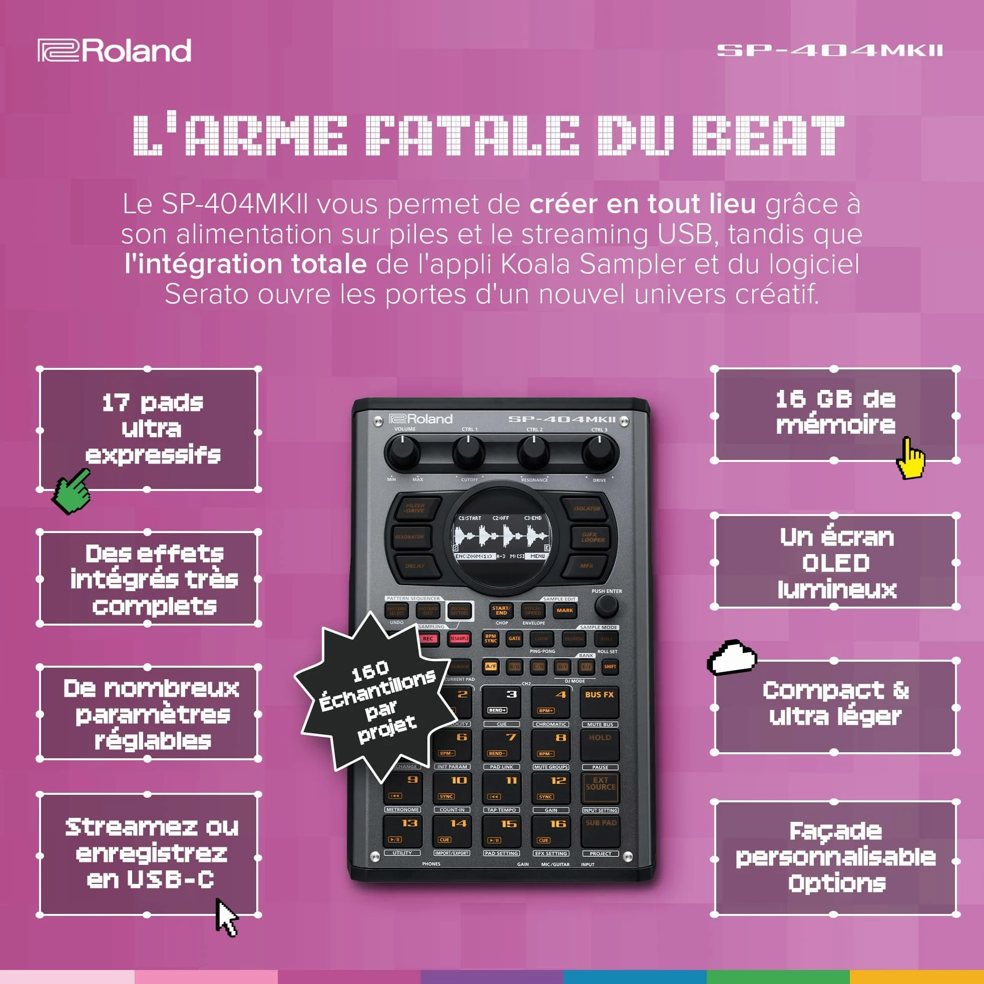Roland SP-404MKII Échantillonneur et processeur d'effets créatif | Le légendaire SP-404 Beat Maker avec de nombreuses améliorations | Programmation rapide | Mémoire interne de 16 Go