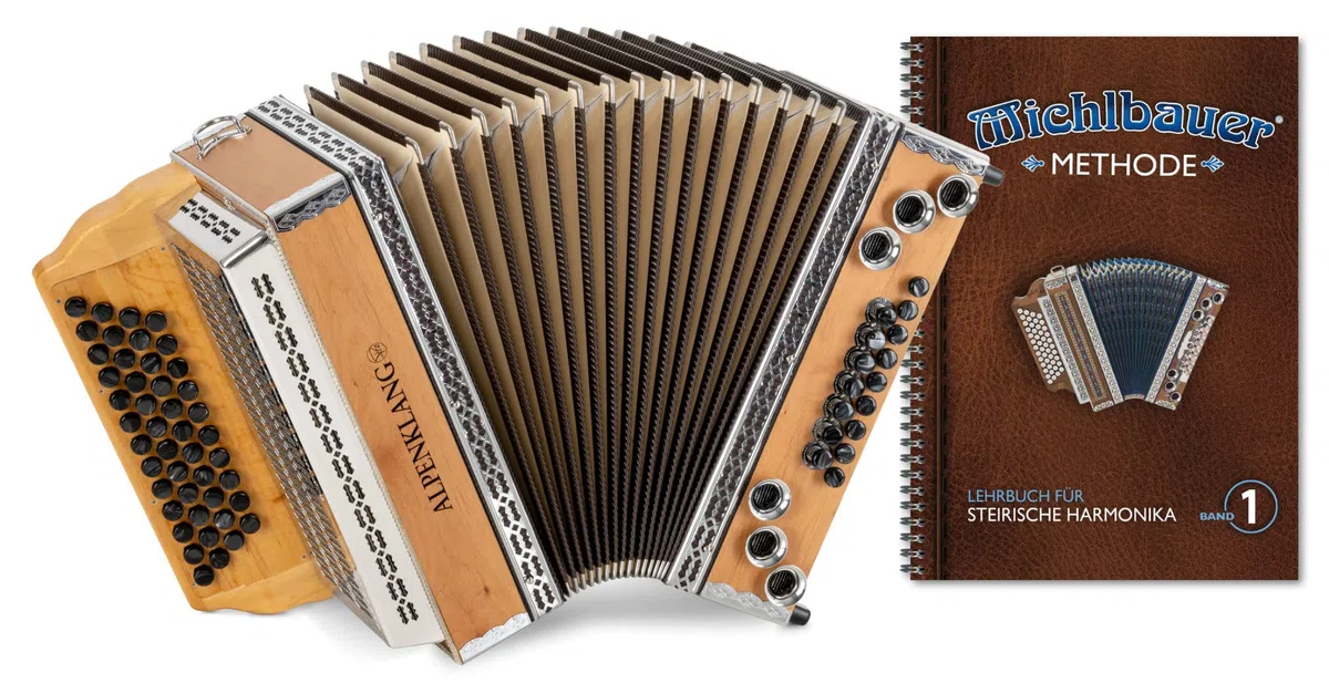 Alpenklang Pro Alpline 34 Eco Harmonika G-C-F-B MB - 46 boutons (4 rangées, 3 voix) - X-Bass découplé et H-Bass - Set incl. manuel Michlbauer avec CD - Hêtre