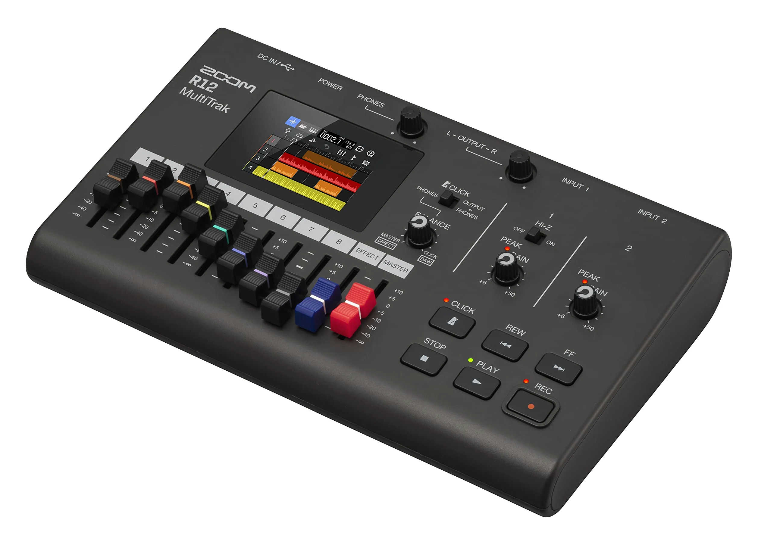 Zoom Enregistreur portable multi-pistes R12, avec écran tactile, édition intégrée, 8 pistes, 2 entrées combinées, effets, synthétiseur, boucles de batterie, alimentation par batterie et interface