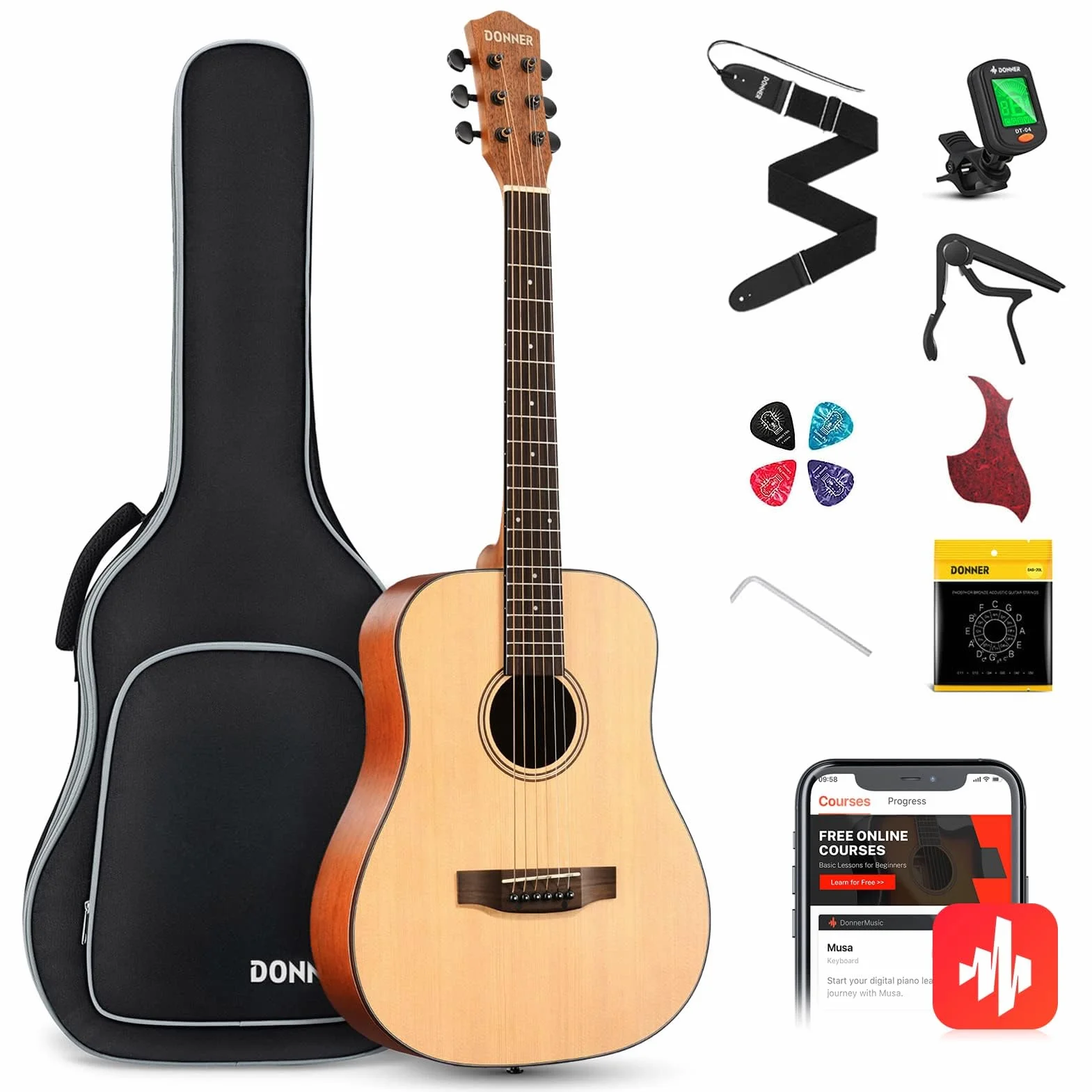 Donner 3/4 Guitare Acoustique Adulte Debutant Guitare Folk 36 Pouces Guitare Kit de Voyage avec Sac Capo Tuner(Naturel)