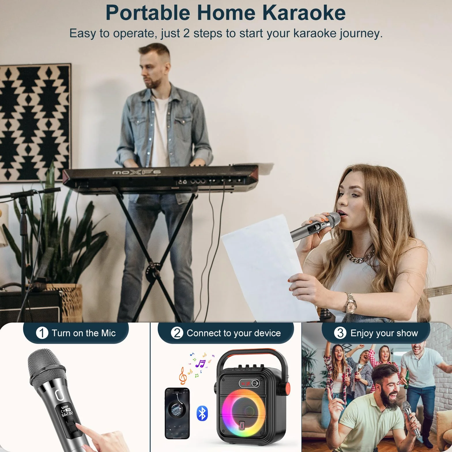 JYX Machine Karaoke avec 2 Micro sans Fil, Enceinte Karaoke Complet avec Lumières de fête, Effets EQ, Portable Système Karaoké Support TWS/AUX/FM/USB/TF Carte