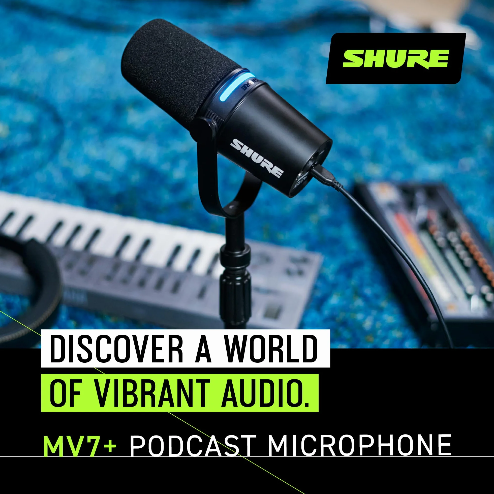 Shure MV7+ Microphone pour Podcast avec Pied de Micro-Audio amélioré, Bandeau Tactile LED, Sorties USB-C et XLR, Mode Auto Level, Filtre Anti-Pop numérique, réverbération intégrée, podcasting - Noir