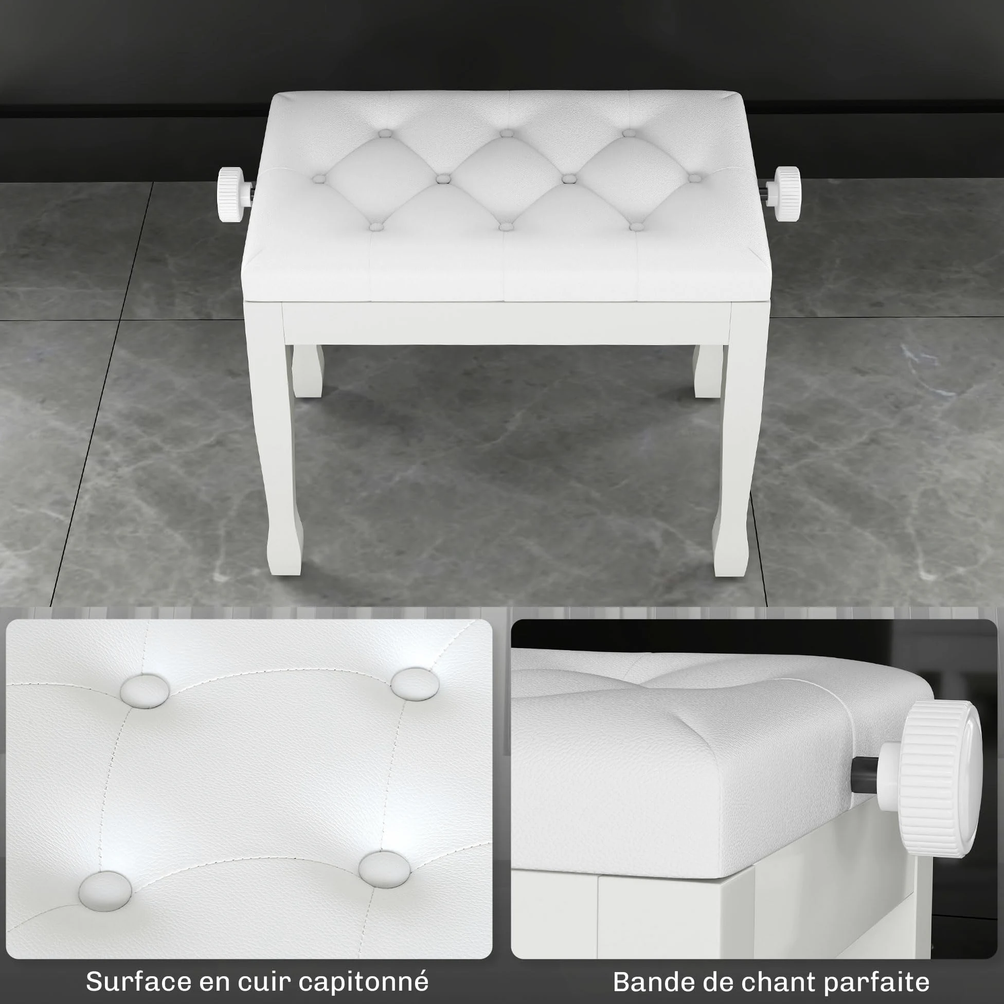 HOMCOM Banc de Piano, Banc de Clavier réglable en Hauteur en Bois Massif, Tabouret Piano avec siège rembourré polyuréthane à 10 Boutons, Stable et antidérapant, Charge 200kg, Blanc