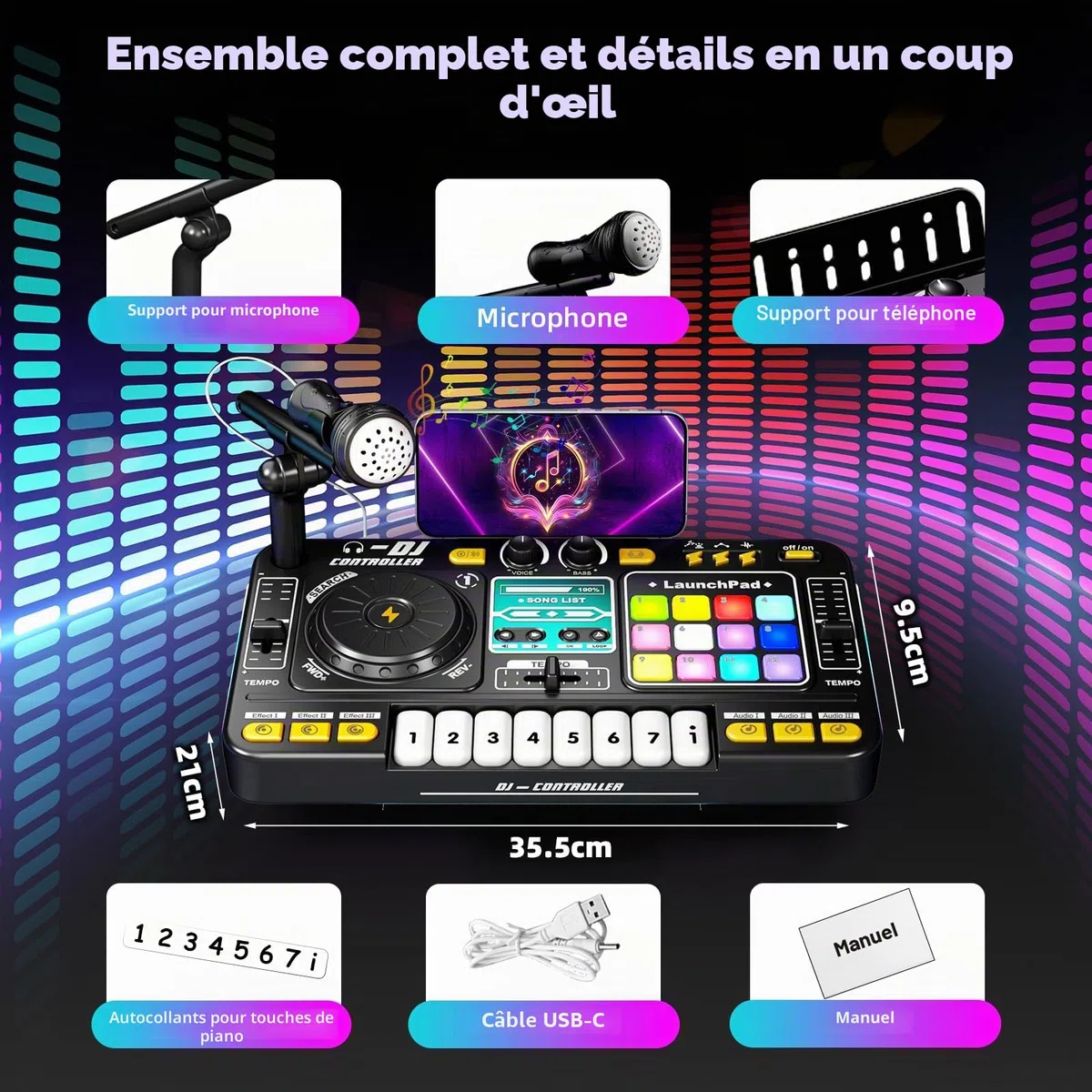 Platine DJ Enfant, Table Mixage Enfant, Table de Mixage DJ Set Jeu, avec Bluetooth, Microphone, Jeux Lumineux, Chargement USB, Convient pour 3 à 10 ans, Jouet pour Fêtes Familiales et Divertissement