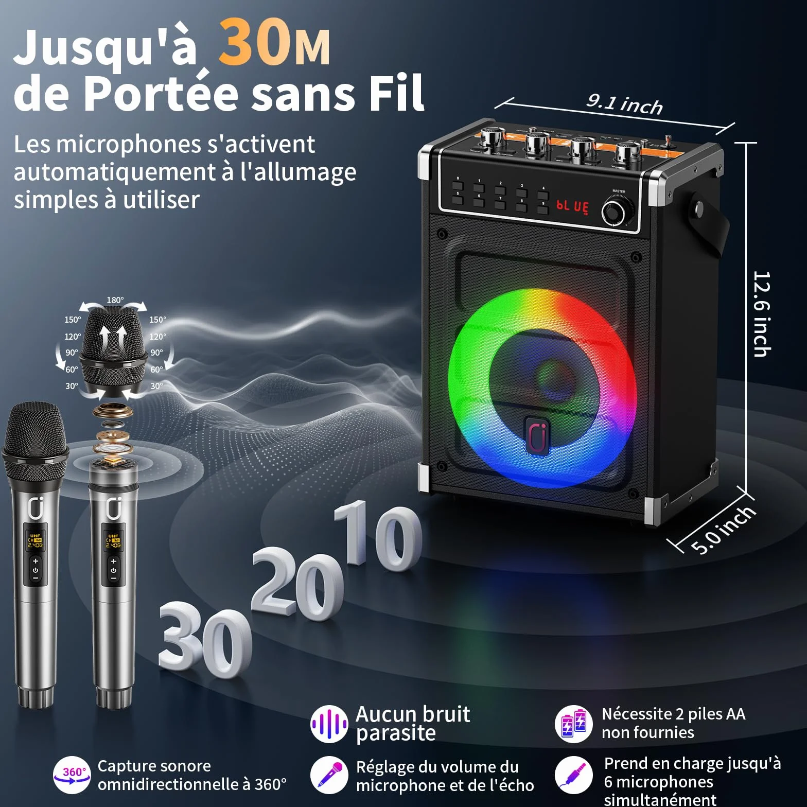 JYX Machine Karaoke Adulte, 380W Puissance, Enceintes Karaoké Professionnelles avec 2 Micro sans Fil et Lumières Fête DJ, Système karaoké Portable Compatible TWS/AUX/FM/USB/TF, Noir