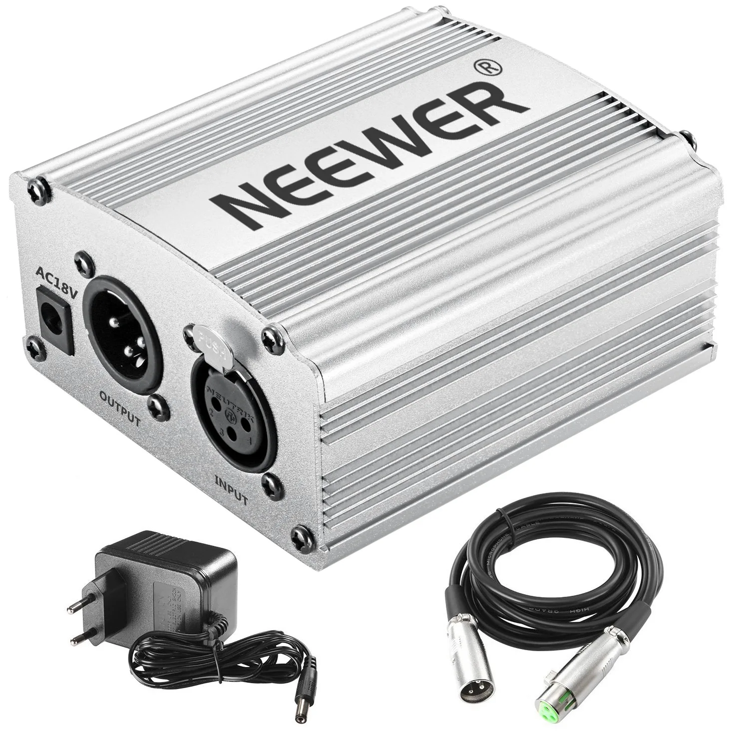 Neewer 1-Canal 48 V Phantom Bloc d’Alimentation avec Adaptateur et câble Audio XLR pour Tout Microphone à condensateur, Musique et Studio d'enregistrement, argenté