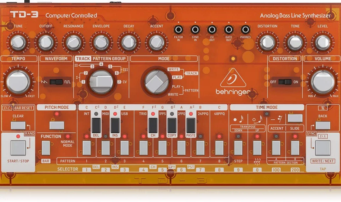 Behringer TD-3-TG Synthétiseur de ligne de basse analogique avec VCO, VCF, séquenceur 16 pas, effets de distorsion et chaîne poly 16 voix, compatible PC et Mac