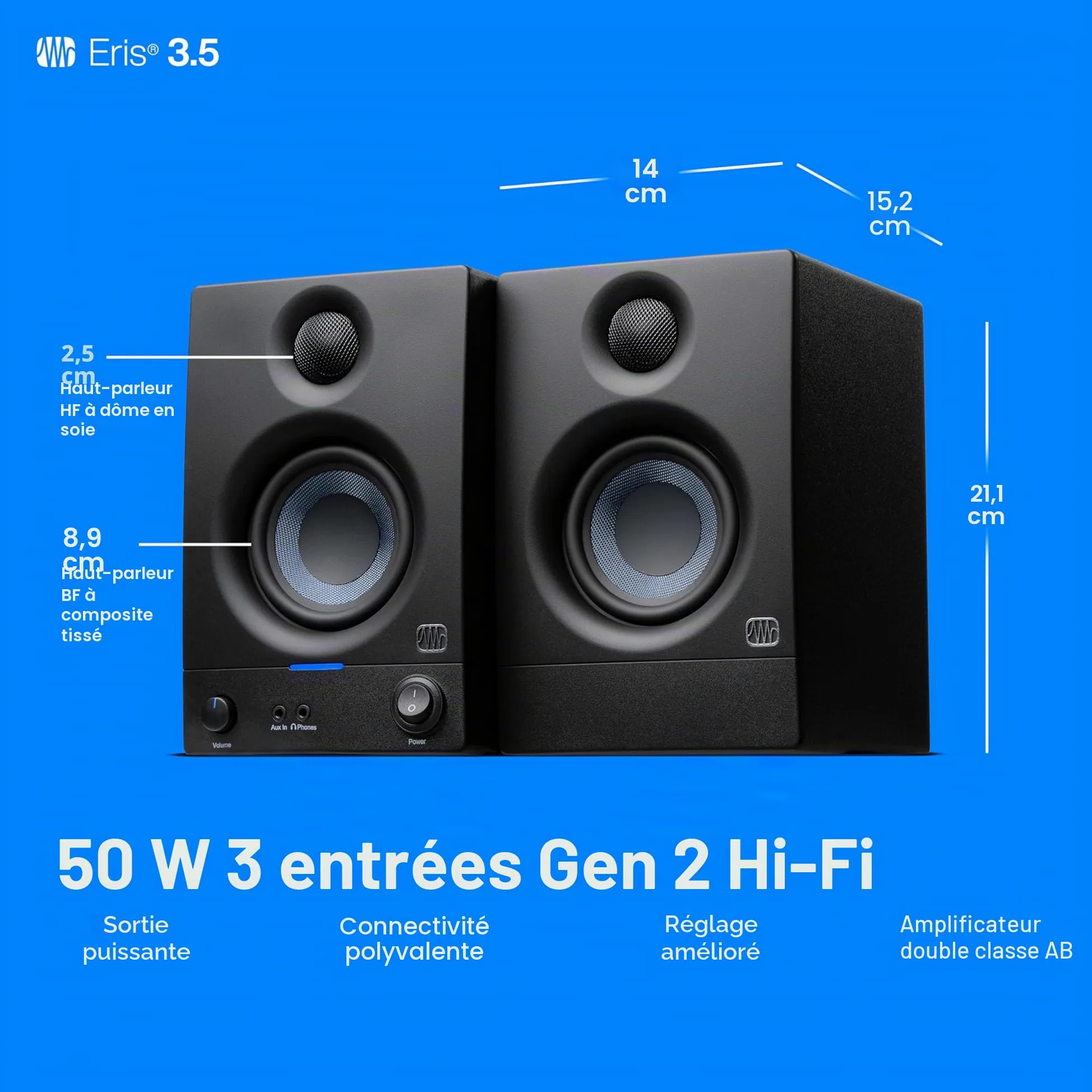 PreSonus Eris 3.5 Gen 2, Enceintes Actives 3,5" de Bureau pour Multimédia, Gaming, Production Musicale de Qualite Studio, Puissance de 50 W