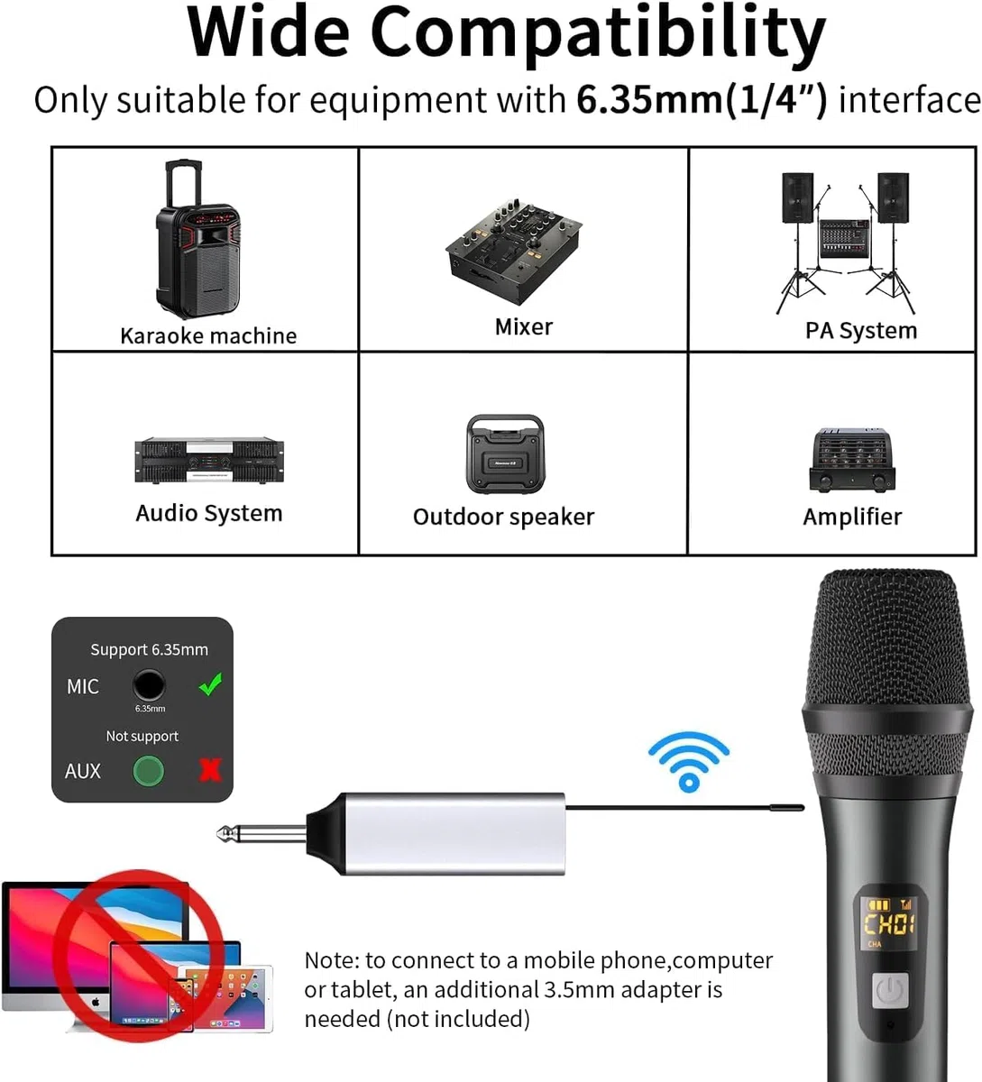 Microphone sans fil, système de microphone sans fil UHF avec deux microphones à main sans fil et récepteur rechargeable, portée de 200 m, pour systèmes de sonorisation, karaoké, DJ, chant, conférence
