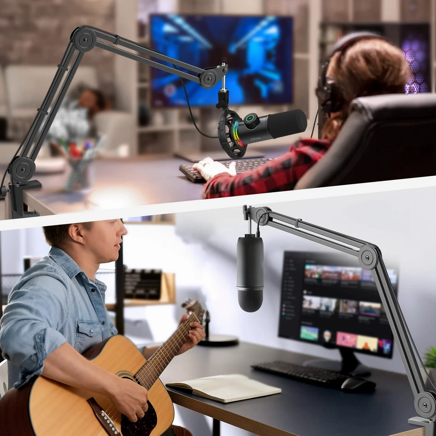 FIFINE Bras de Micro, Suspension Supports de Microphone, 3/8'' vers 5/8'' Vis Adaptateur, pour K658 AM8 K688 A8 et Autres Micros, pour Studio Enregistrement Vidéo