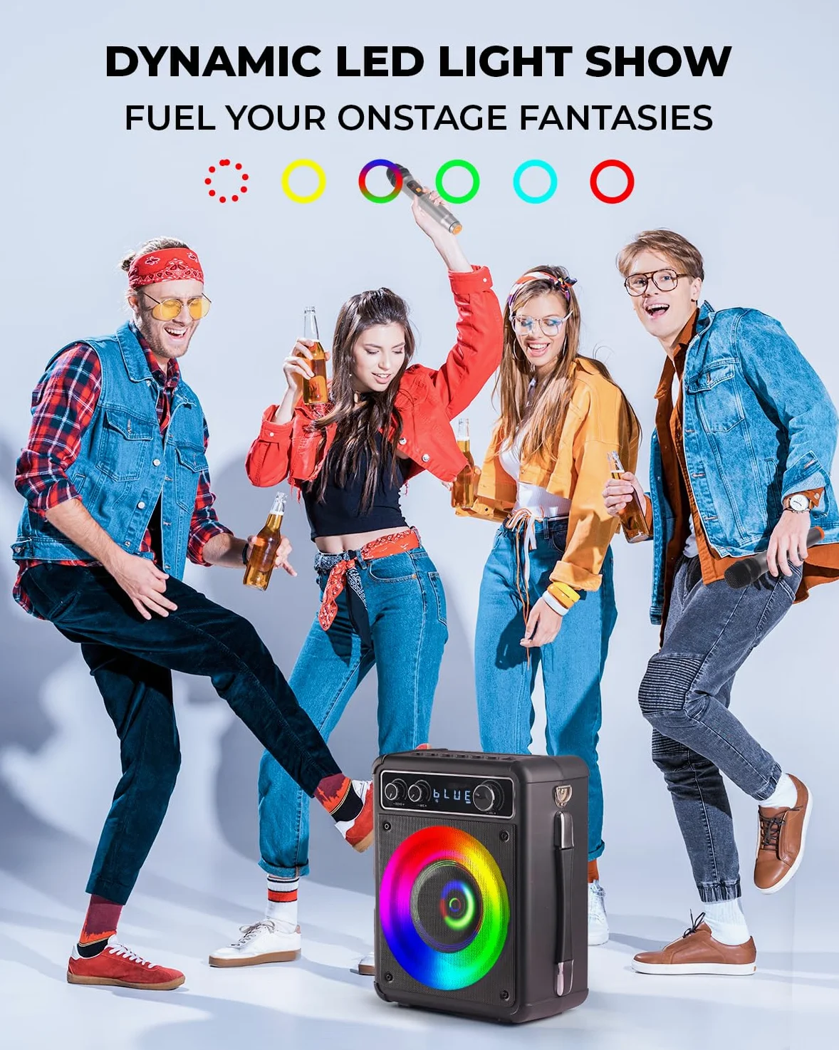 BONAOK Machine Karaoké, Système Karaoké Bluetooth avec 2 Microphones, Machine Karaoké Rechargeable, Boîte à Musique avec Effet Lumineux, Support TF USB pour Soirée à Domicile