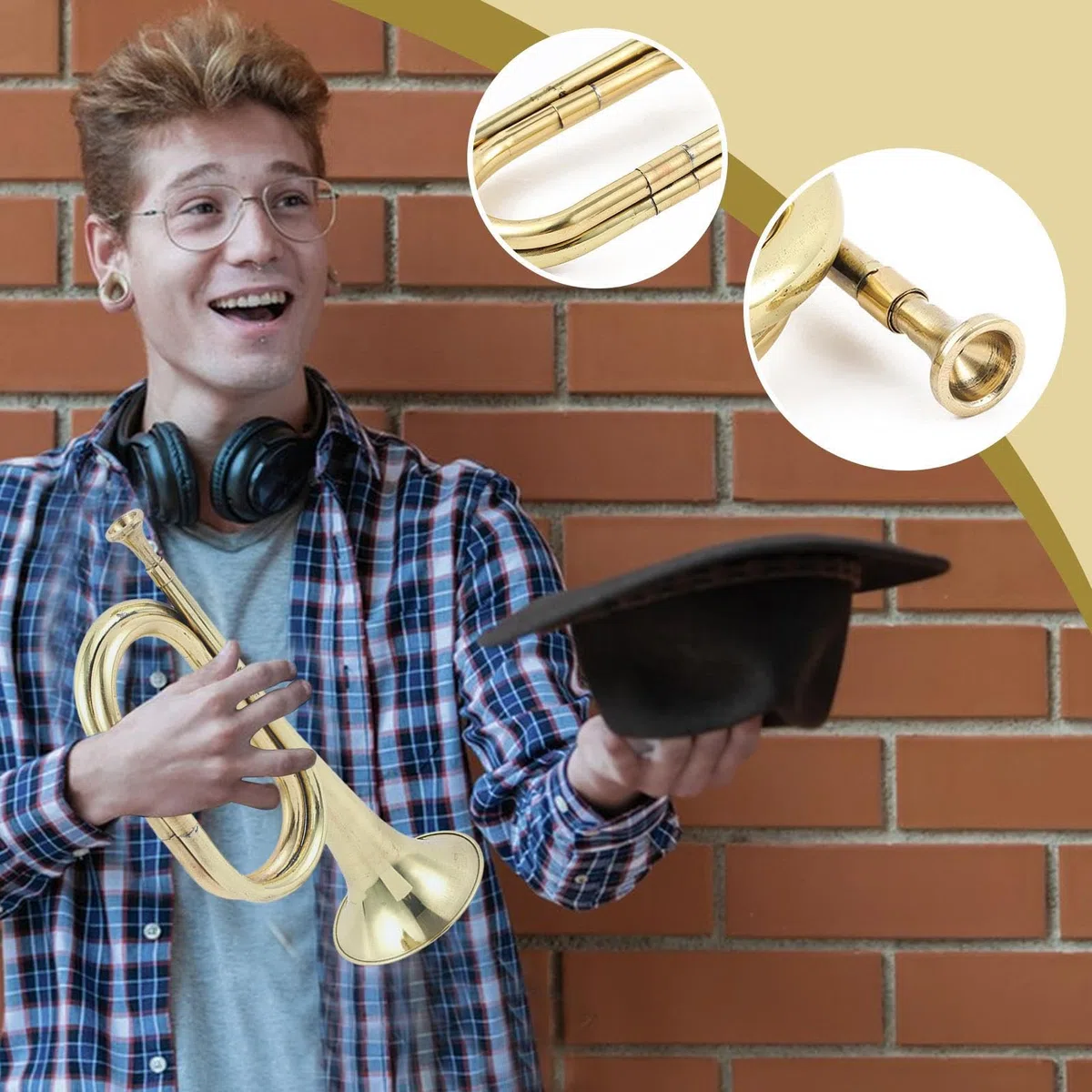 Brass Bugle Horn, Pocket Trumpet, Toy Instrument Gold, Fashionable Cavalry Music Horn, Band & Orchestra Sound Tool for Kids and Beginner Performance Use, 12.01 Inches