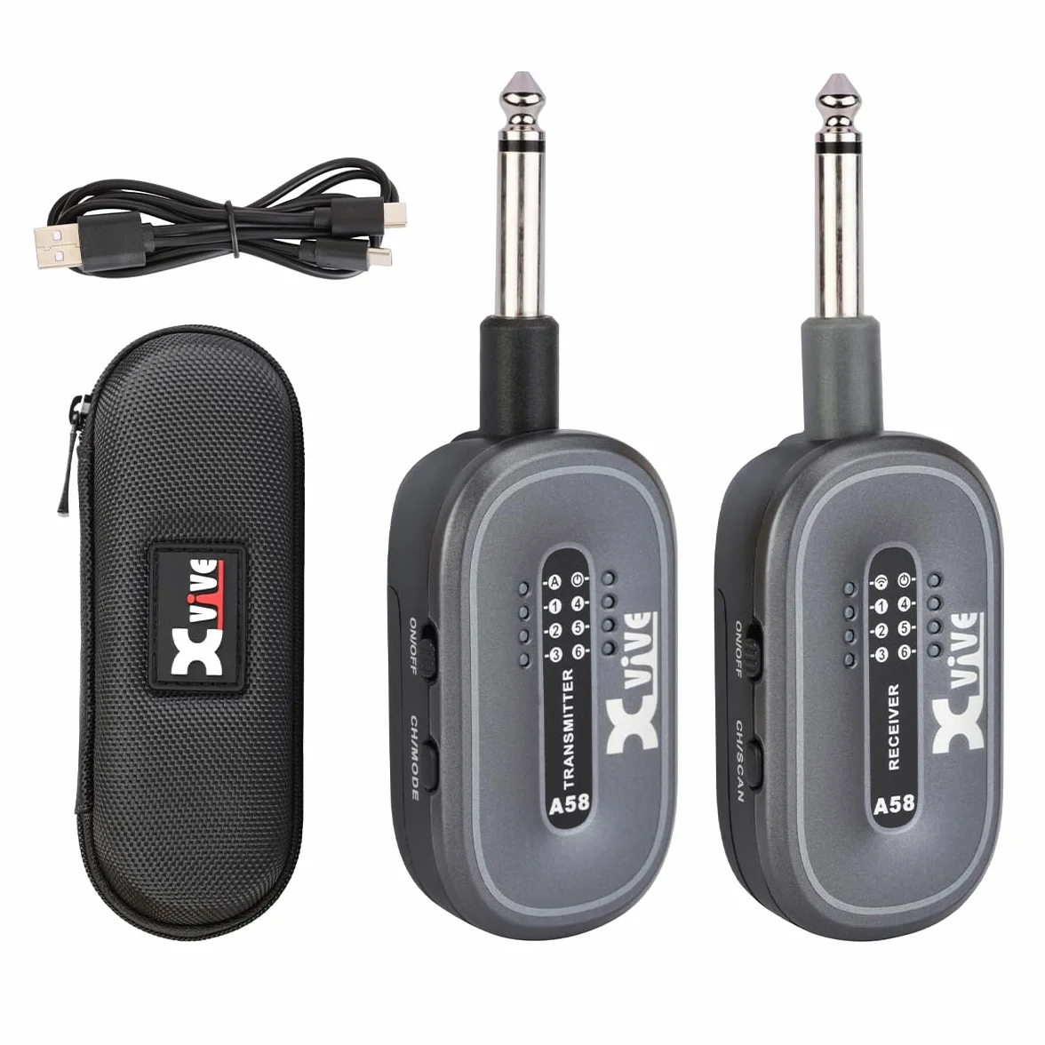 XVIVE A58 - Système numérique sans fil pour guitare et basse électriques acoustiques, transmission sur bande 5,8 GHz - Jusqu'à 5 heures d'autonomie, étui et double câble USB de chargement inclus