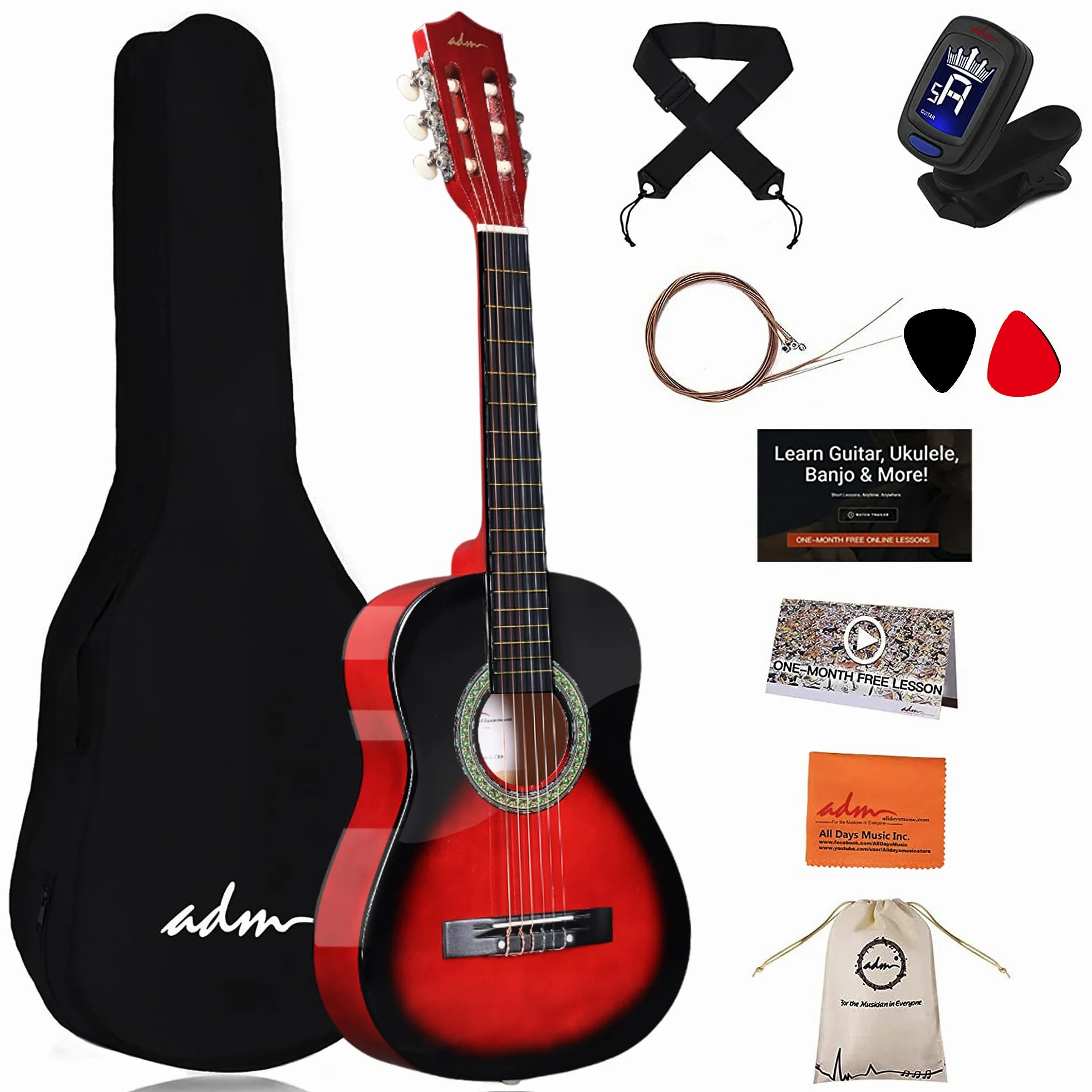 ADM Kit de guitare classique 1/2 pour enfants, 86,4 cm pour débutants avec sac de transport, accordeur à clipser, sangle, médiators, cordes supplémentaires, sac de rangement et chiffon de nettoyage