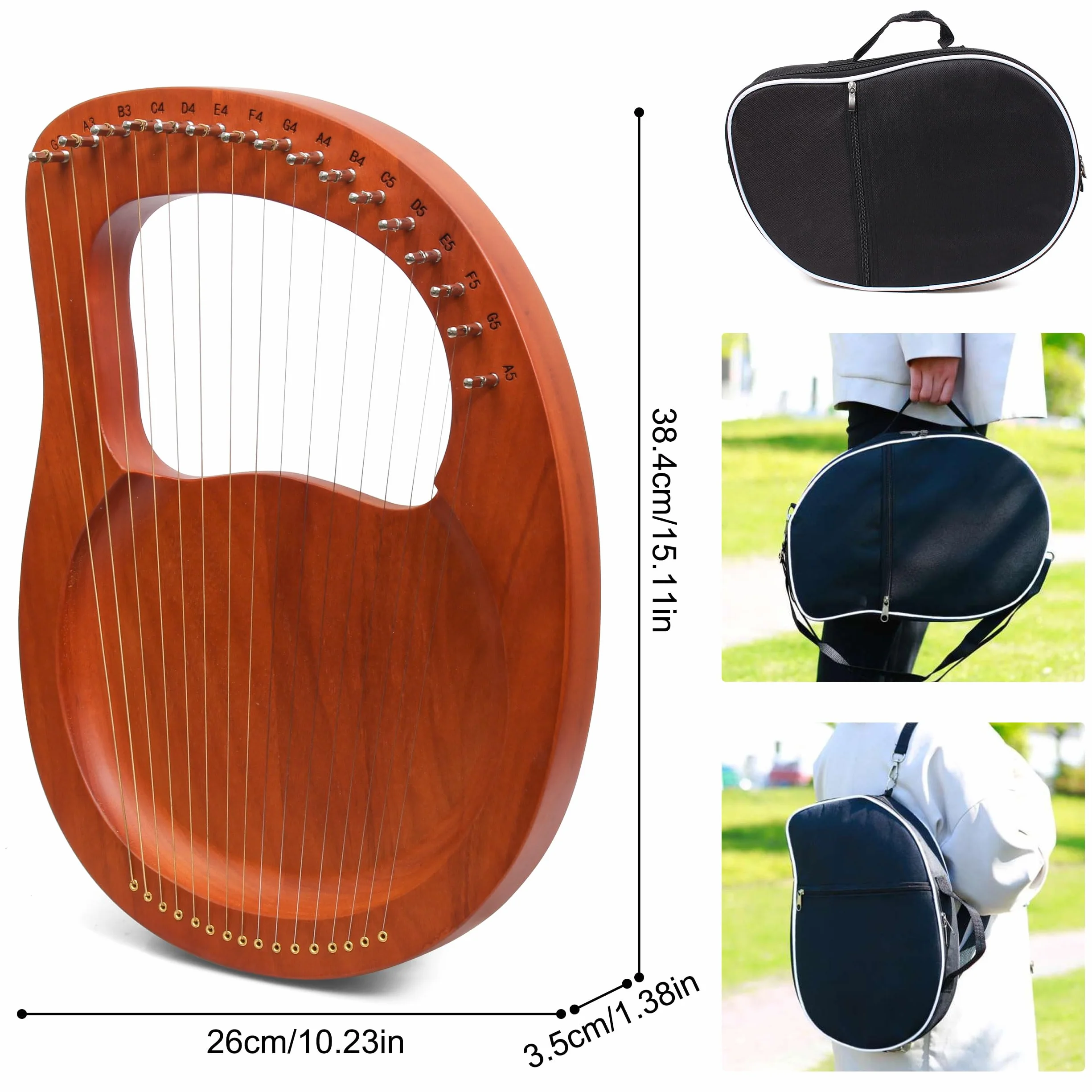 Little Lyre Harpe 16 cordes en acajou avec cordes en métal Style antique avec clé d'accordage et sac de transport Marron