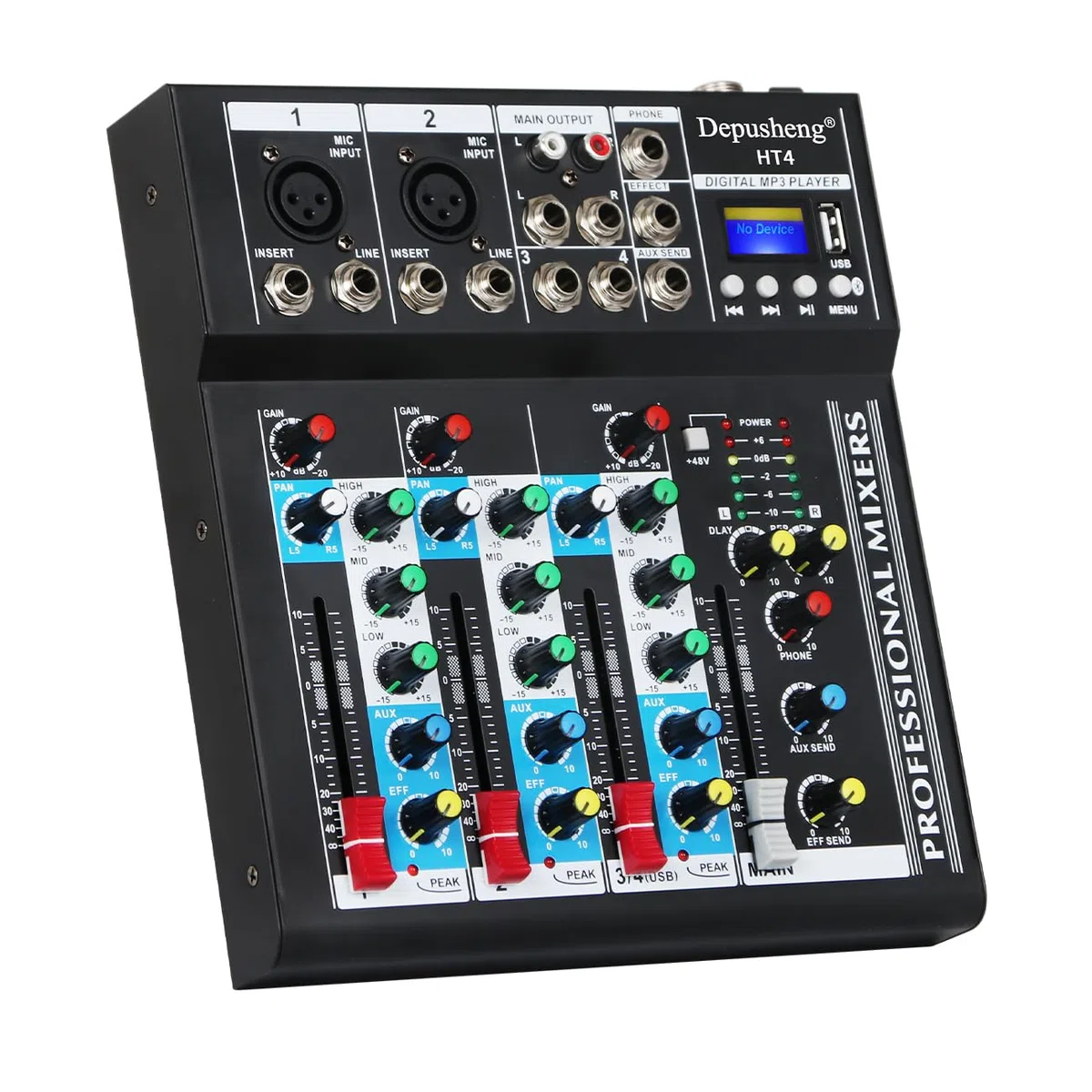 Depusheng HT4 Professional 4 canaux USB Jack mélangeur audio portable Bluetooth Live Studio Audio DJ Console de mixage sonore pour l'enregistrement sur ordinateur, bandes