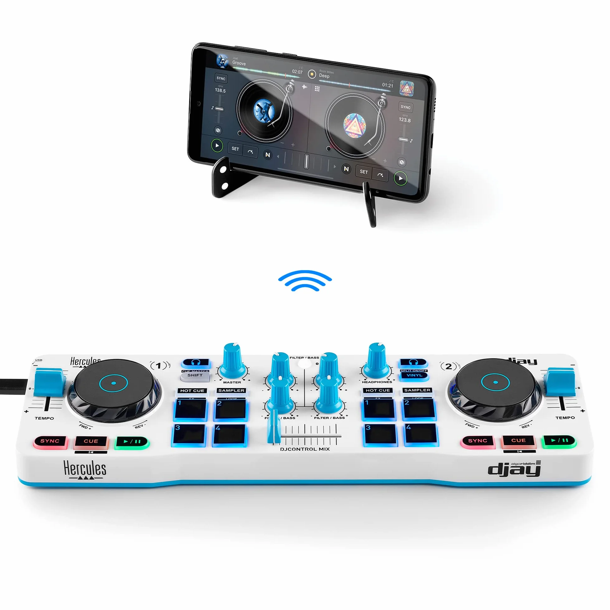 Hercules DJControl Mix Blue Edition – Contrôleur DJ compact avec guides lumineux LED, commandes intuitives et compatibilité avec iOS et Android