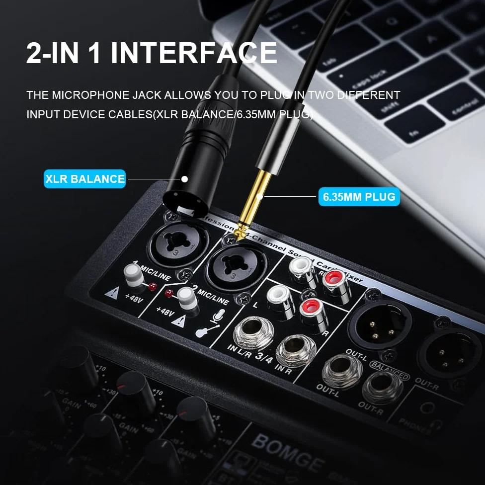 BOMGE -04F Table de mixage audio DJ 4 canaux avec MP3/USB Bluetooth,/48V/99 effets DSP pour la diffusion en direct