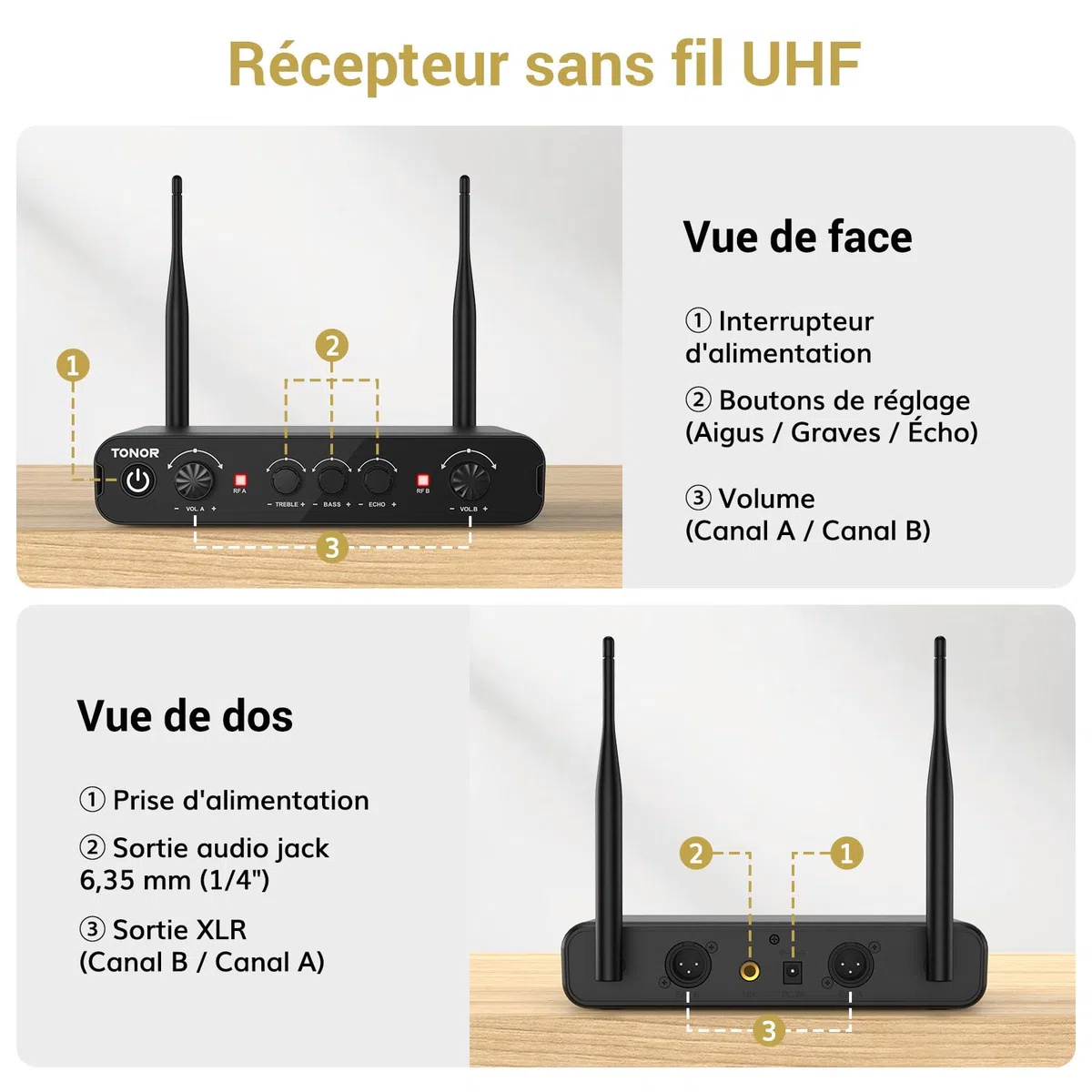 TONOR Micro Karaoke sans Fil, UHF Microphone Systèmes Dynamique Chant Portable à Main Double avec Récepteur pour Karaoké/Fête/Discours/Mariage/DJ Spectacles/Église/Conférences, 60M, Gris&Rouge,TW350
