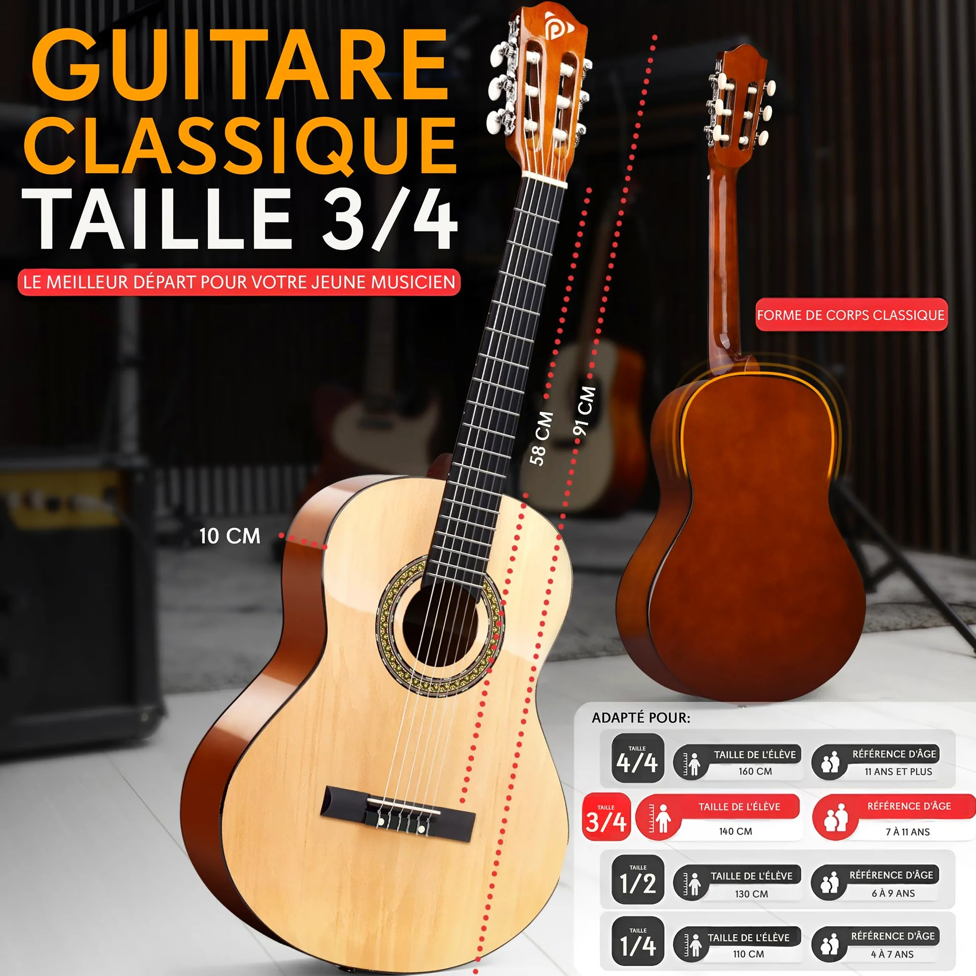 Pyle - Kit de Guitare Acoustique pour Débutant - Guitare Enfant/Adulte - Taille Junior 3/4 en Bois Massif - 91,44 cm Frêne Naturel