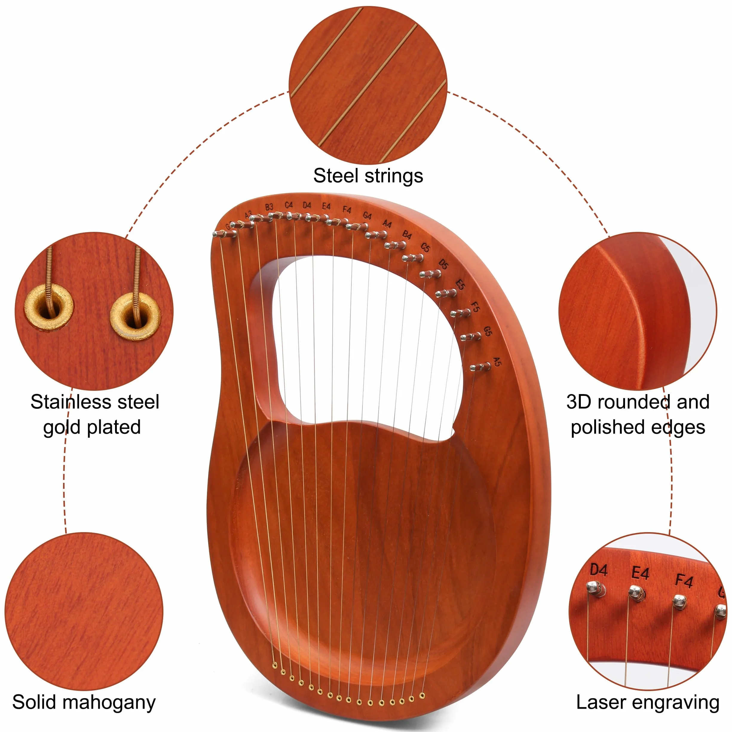Little Lyre Harpe 16 cordes en acajou avec cordes en métal Style antique avec clé d'accordage et sac de transport Marron
