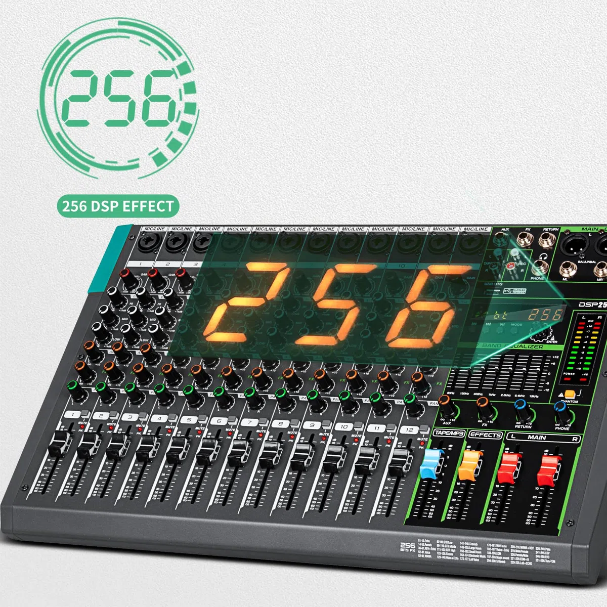 Depusheng PA12 Table de mixage professionnelle 12 canaux Contrôleur DJ avec 256 effets DSP Entrée Bluetooth Lecteur USB Alimentation fantôme 48V