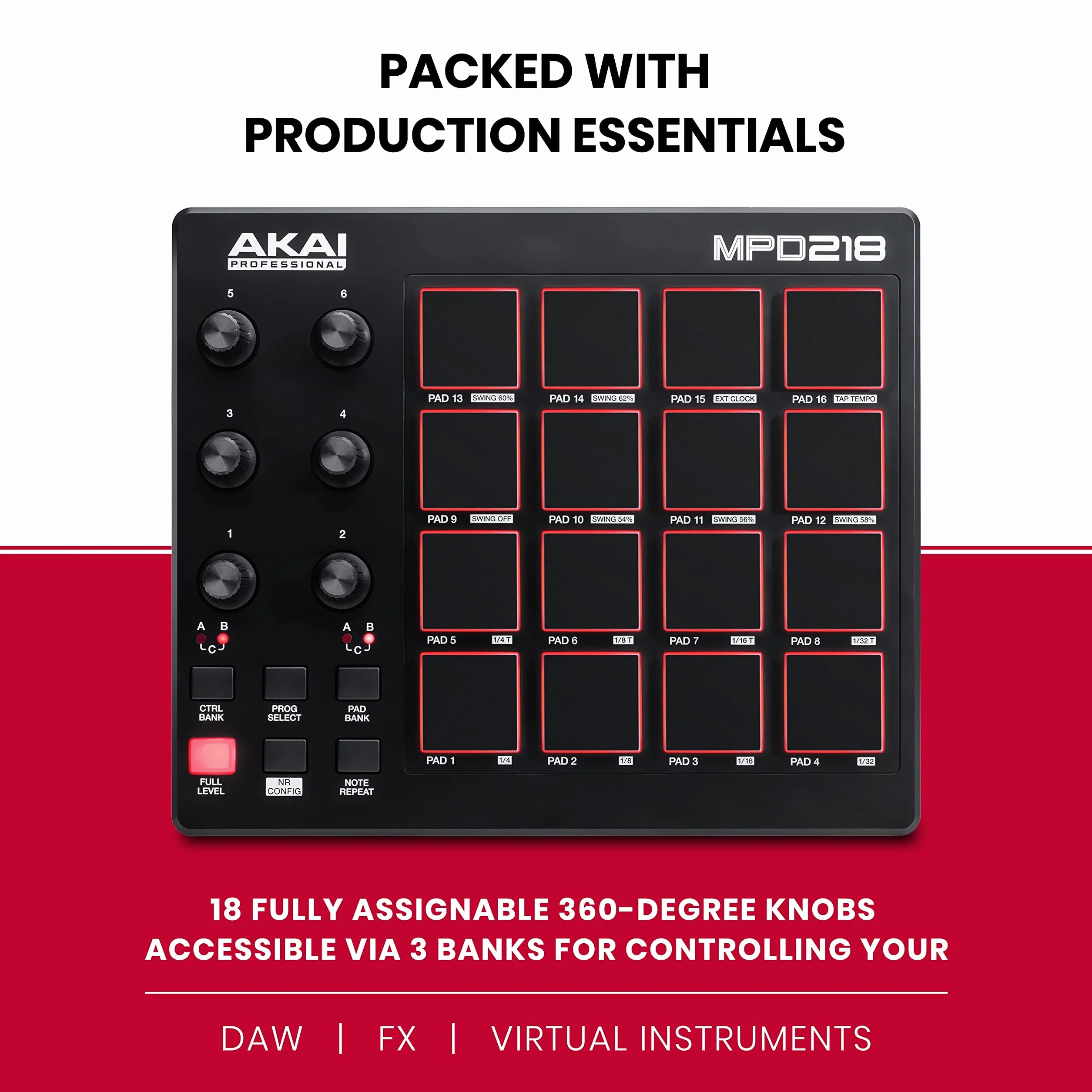 Akai Professional MPD218 - Contrôleur de Pad MIDI/Machine à Pads de Batterie avec 16 Pads, Commandes Assignables, Logiciel de Production Inclus
