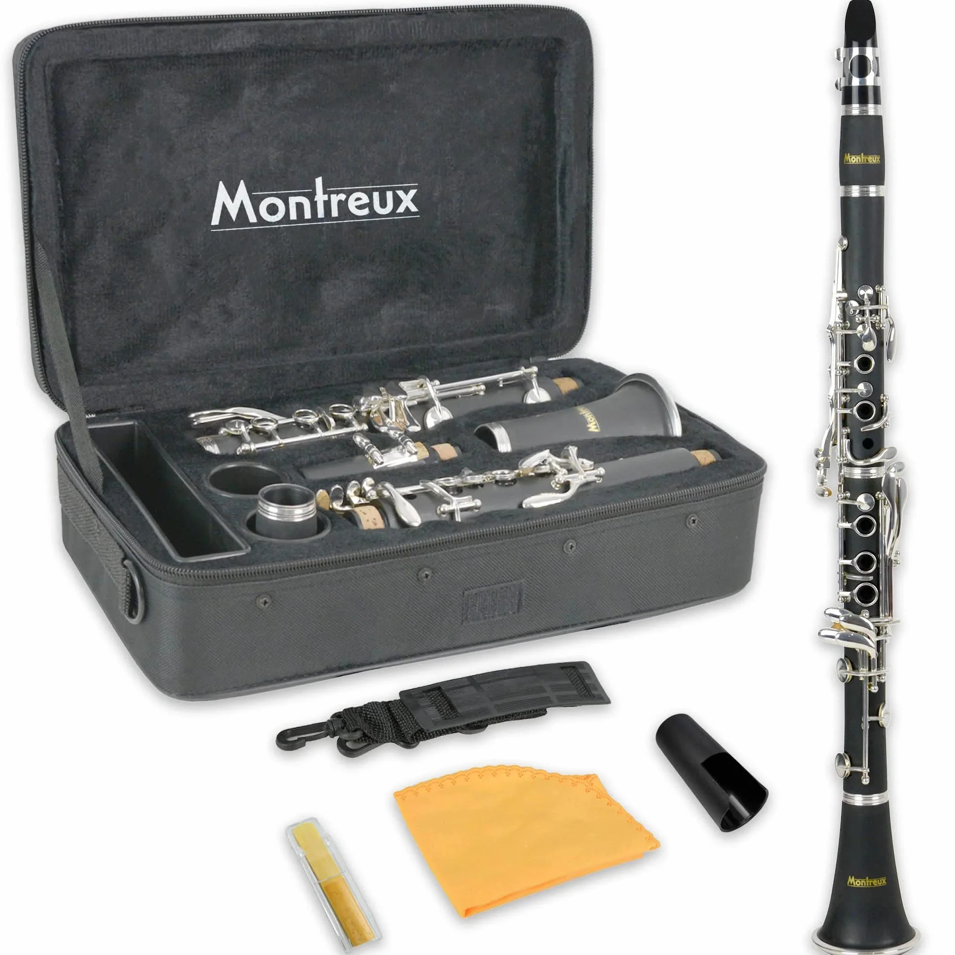 Montreux Clarinette Sib Étudiante pour débutant avec étui de protection léger, bec et anche - Résine ABS, 17 touches, Si bémol