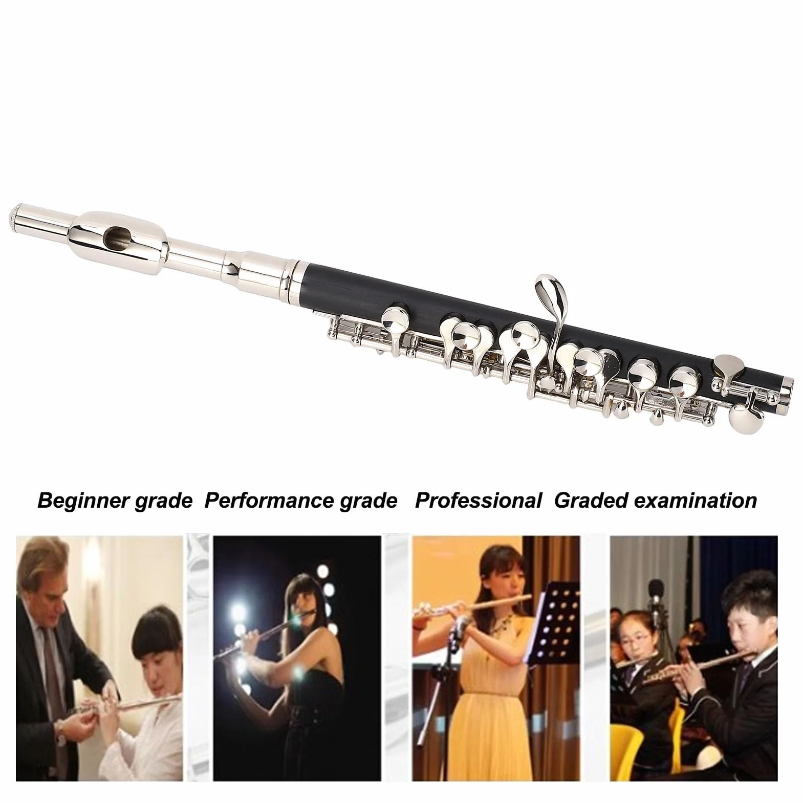 Clé Professionnelle C Piccolo Flûte Facile à Jouer pour les Débutants, Corps en Cuivre Ni, Trous de Soufflage CNC de Précision, Clés Brillantes