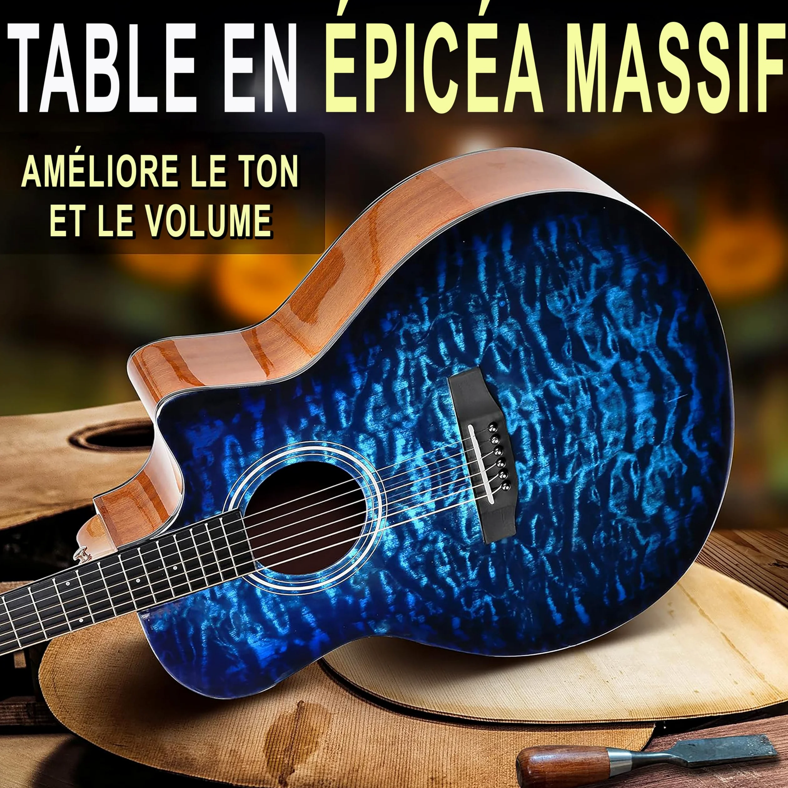 Pyle Blue Ocean Ripple est une guitare acoustique à cordes en acier, dotée d'une table en épicéa massif et d'une finition brillante.Elle est de taille complète et comprend un kit d'accessoires complet