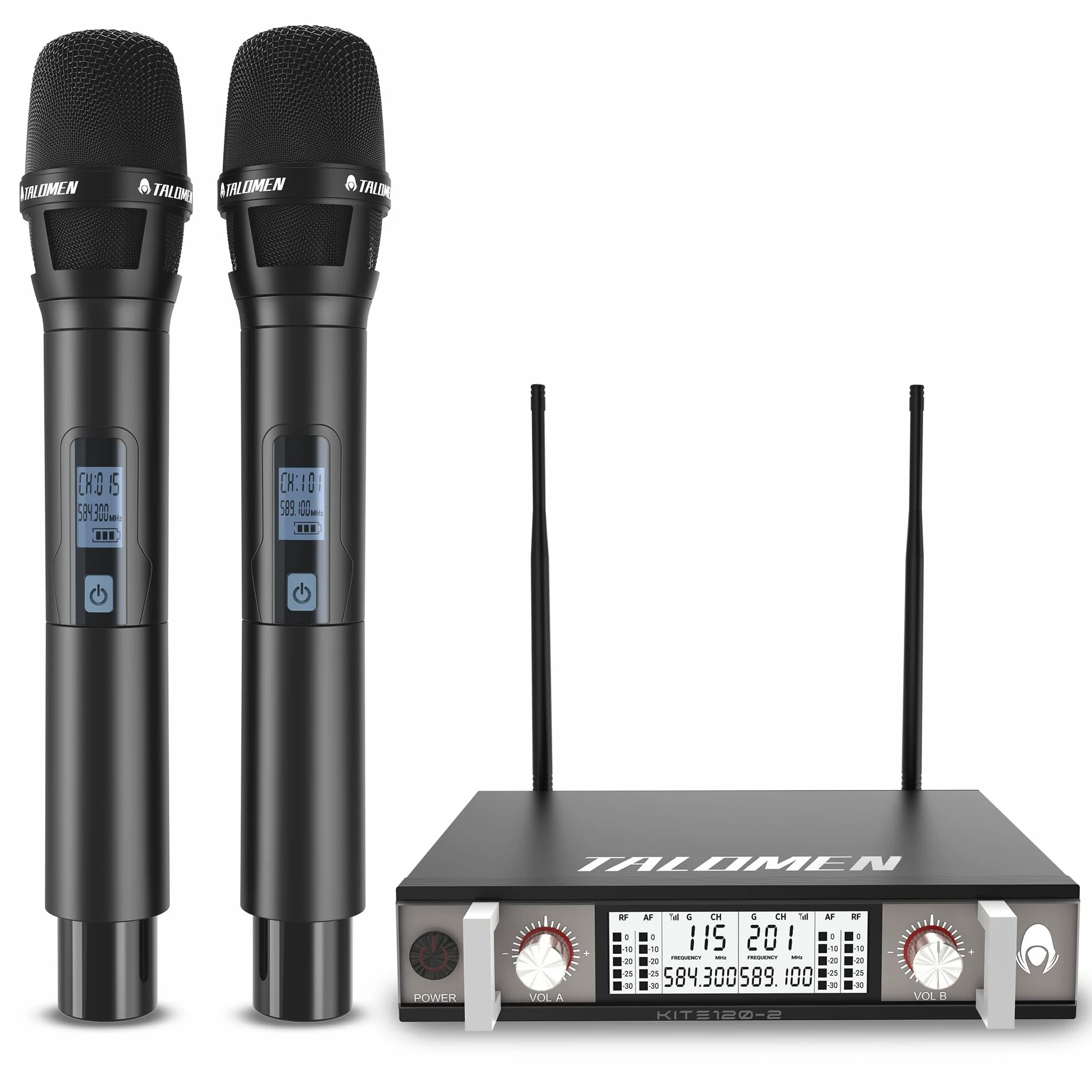 talomen Micro sans Fil UHF, Set de 2 Microphones à Main Dynamiques en Métal, Auto Scan, Portée 120 m, Récepteur Double Canal, Idéal pour Chant, Karaoke, Fête, DJ, Église – K120 Noir
