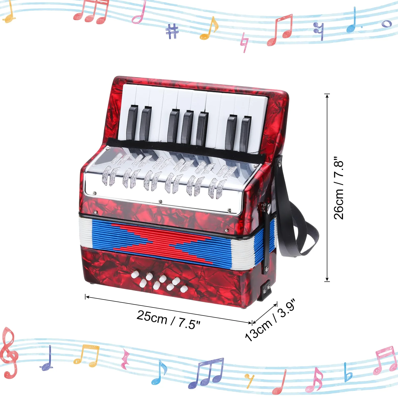 sourcing map Accordéon, 17 touches, 8 boutons de basse, mini instrument de musique léger pour enfants, débutants, éducatif, rouge