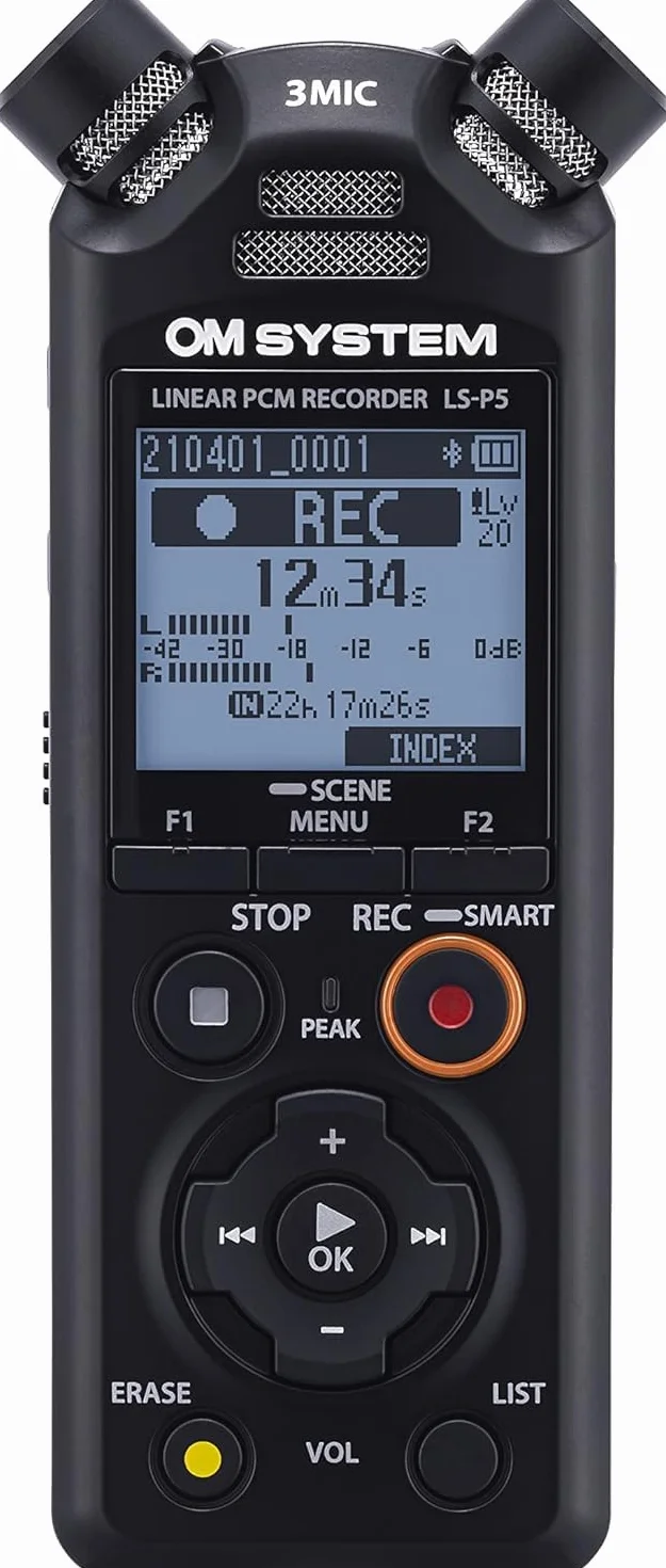 OM SYSTEM LS-P5 Enregistreur audio haute résolution avec système Tresmic II à 3 microphones, contrôle directionnel large, Bluetooth pour écouter via un casque et commande via un smartphone, 16 GB, 37h