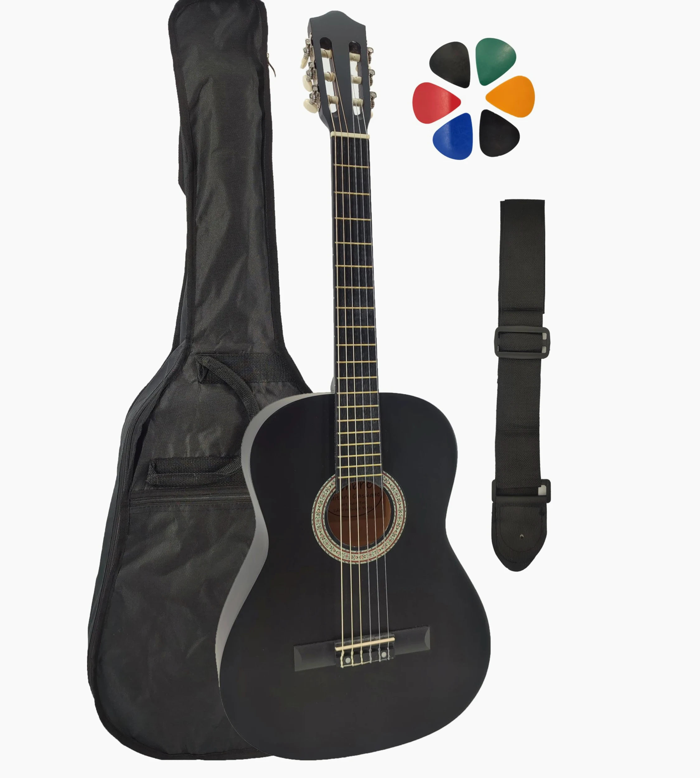 Pack Guitare Classique 4/4 (Adulte) avec Sangle et 6 Médiators (Noir)