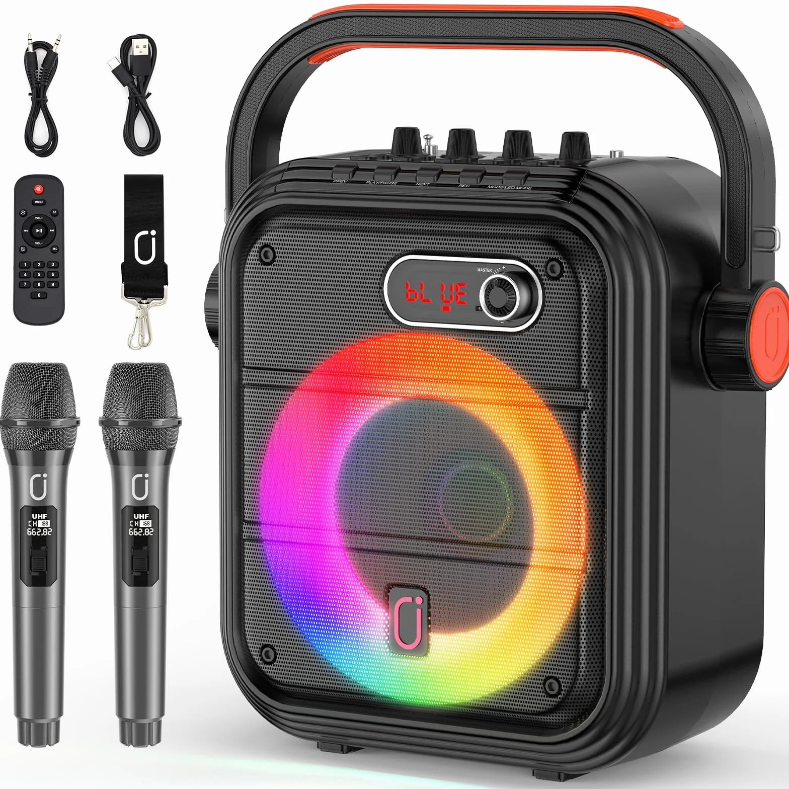 JYX Machine Karaoke avec 2 Micro sans Fil, Enceinte Karaoke Complet avec Lumières de fête, Effets EQ, Portable Système Karaoké Support TWS/AUX/FM/USB/TF Carte