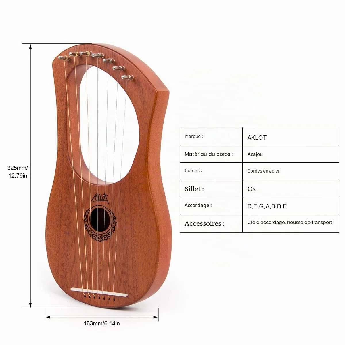 Aklot Lyre Harpe 7 cordes en acajou avec clé de réglage et sac de transport noir