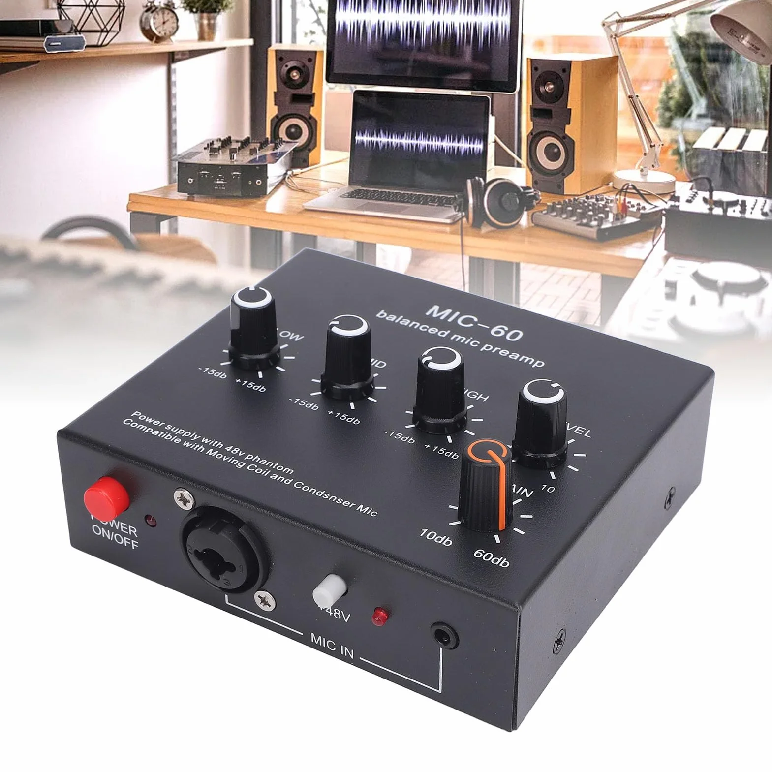 Préampli de Microphone équilibré, 10-60 DB Microphones Booster Mic Pre Amplificateur pour Enregistrer Le Streaming en Direct du Studio avec des Sorties D'entrées de 48 V XLR