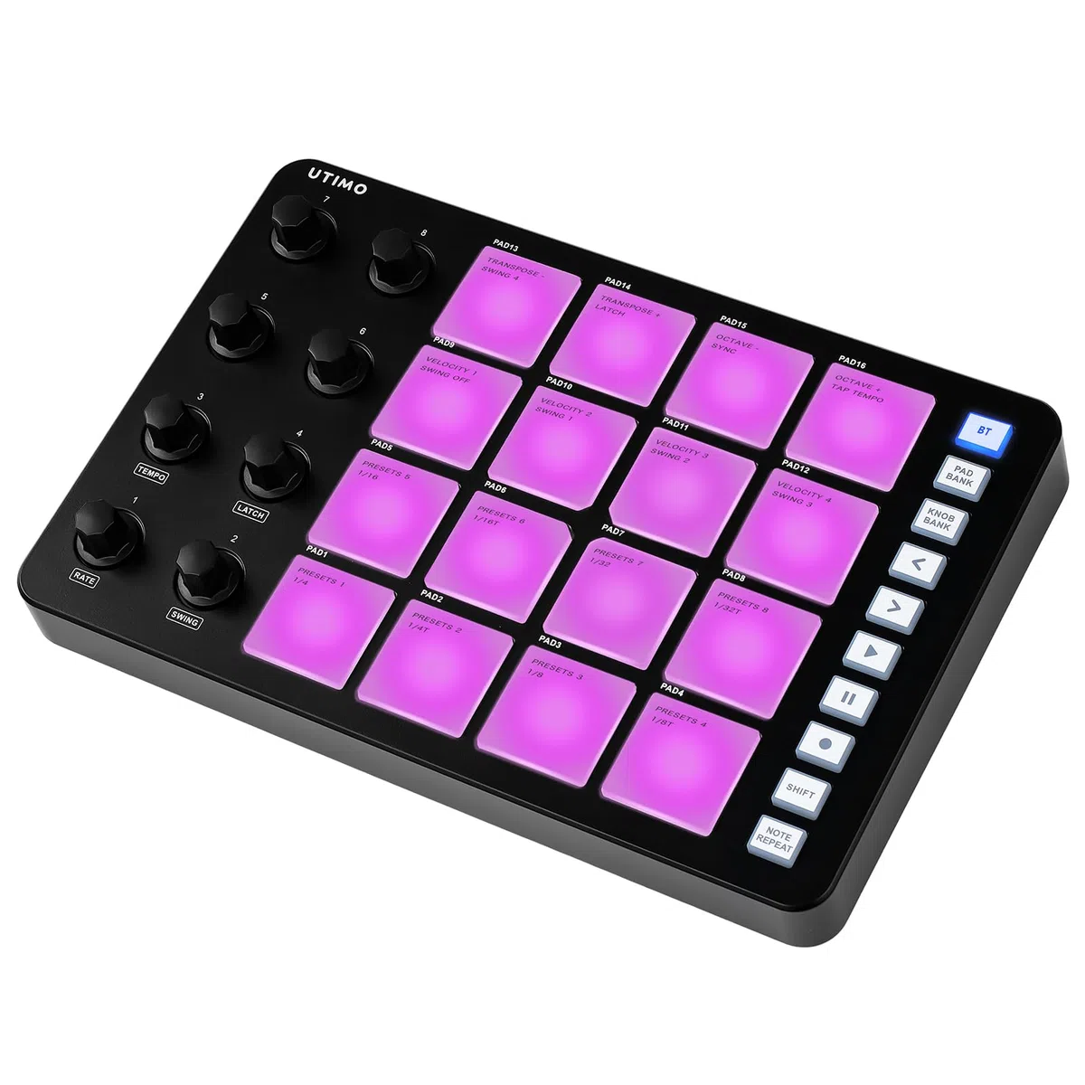 UTIMO Contrôleur MIDI Pad, SMC-Pad MIDI, Drum Pad 16 Touches RGB Rétroéclairé Clavier Musique Electronique Faible Latence Connexion Bluetooth Batterie Intégrée Noir
